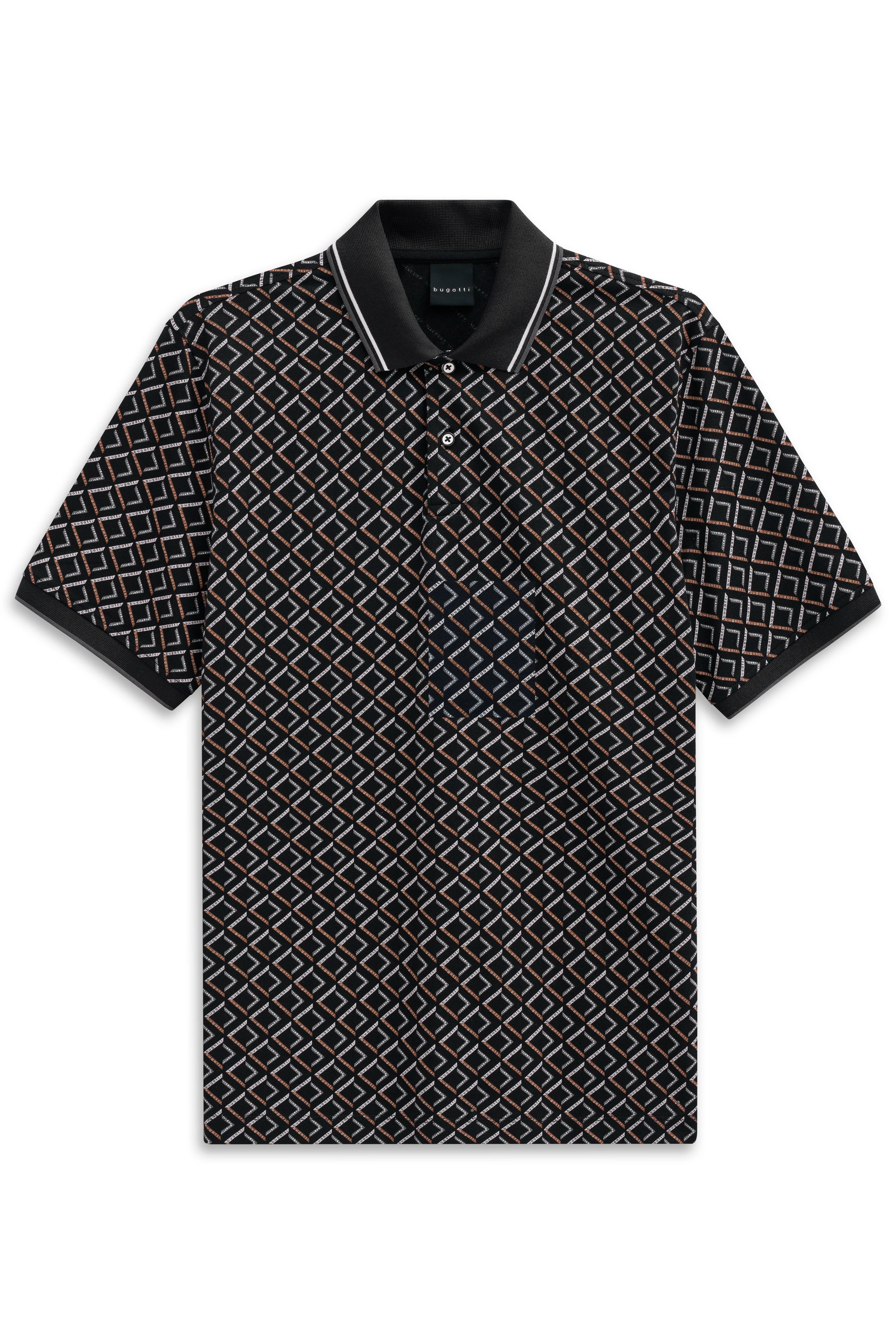 bugatti Polo mit geometrischem Muster in Schwarz, Weiß und Braun, Büstenbild.