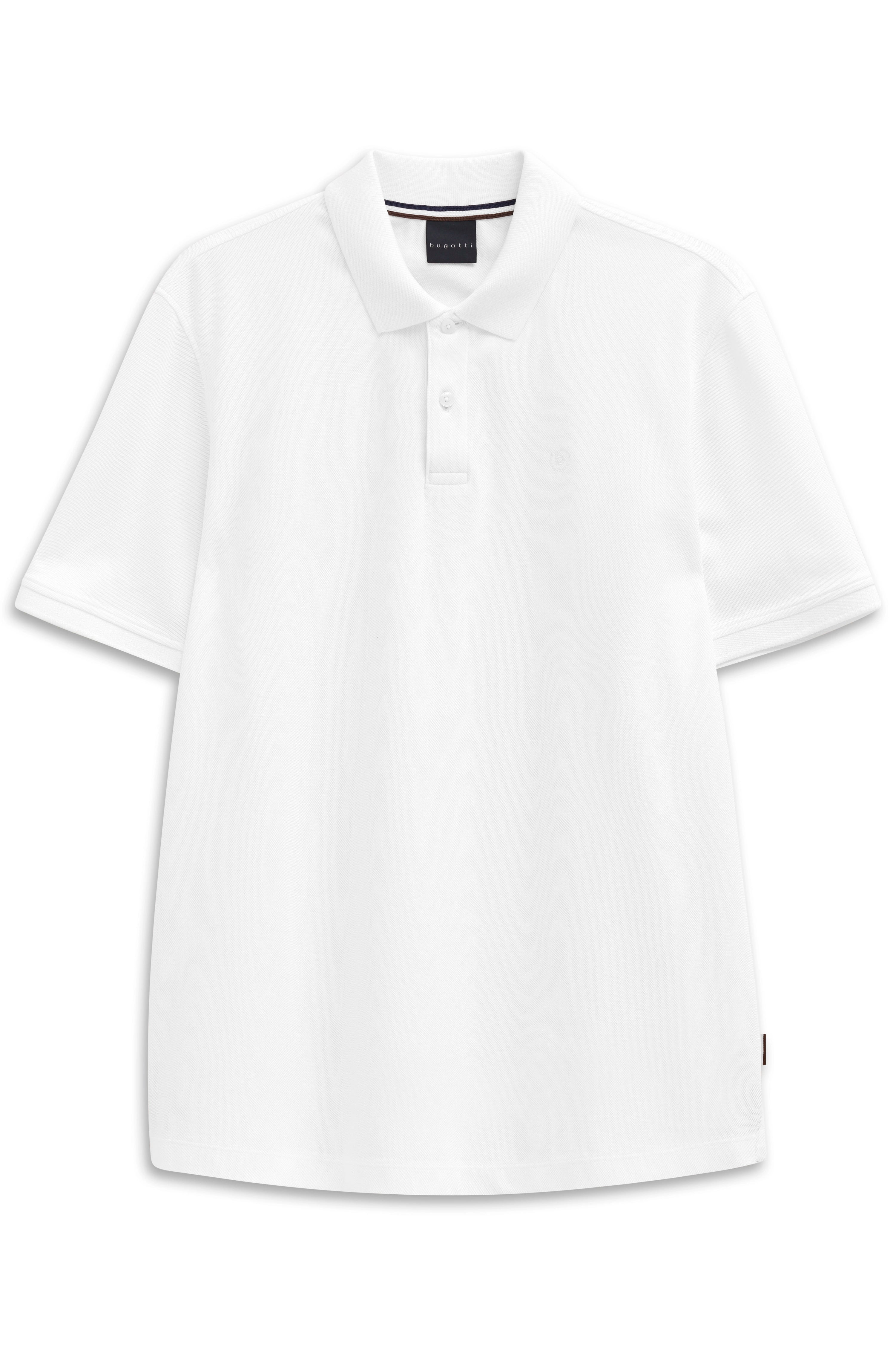 Weißes bugatti Polohemd, Büstenbild, klassischer Kragen, zeitloses Design, hochwertige Materialien.