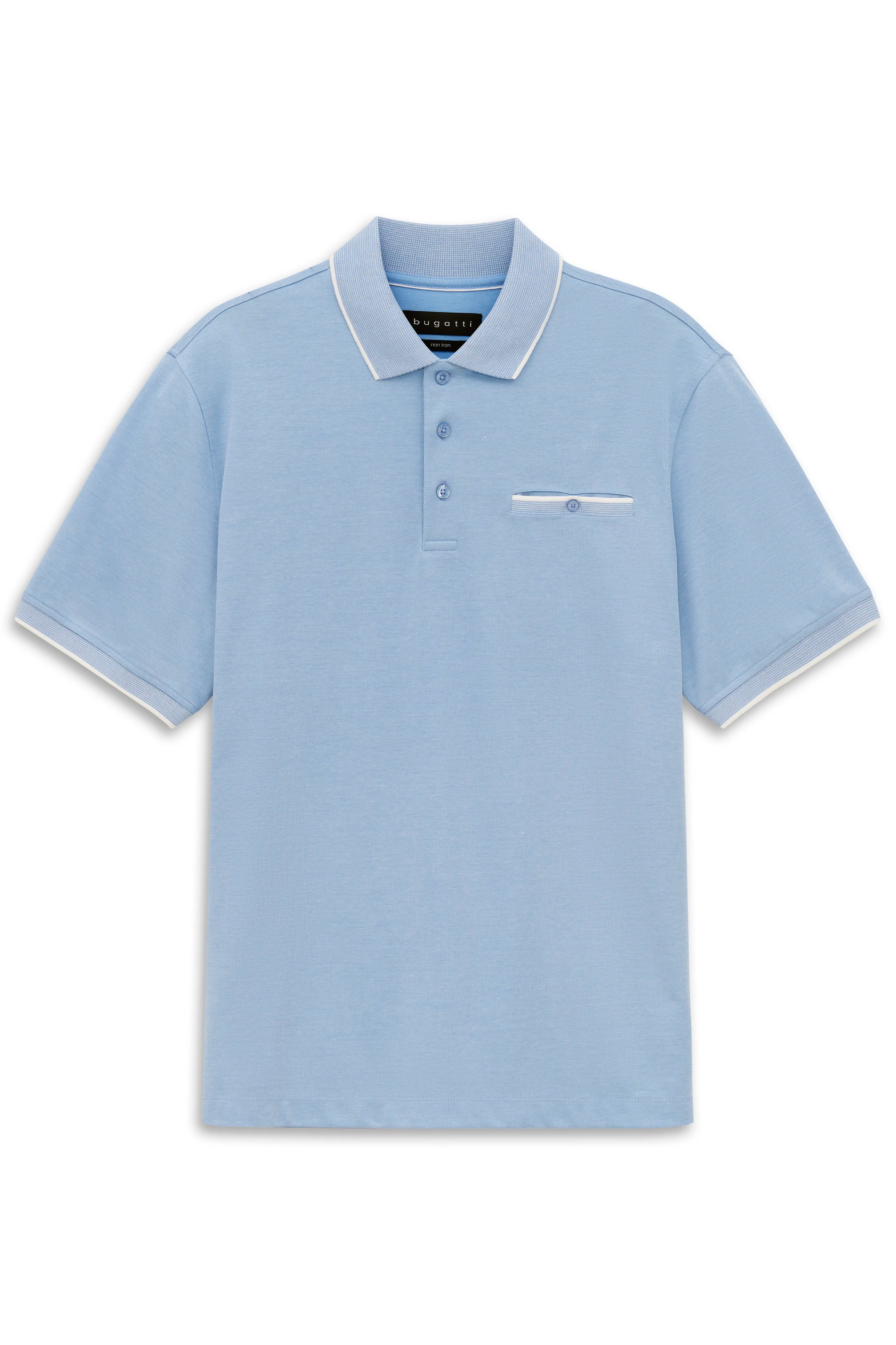 bugatti hellblaues Poloshirt, Brusttasche, Büstenbild, klassisch und stilvoll.