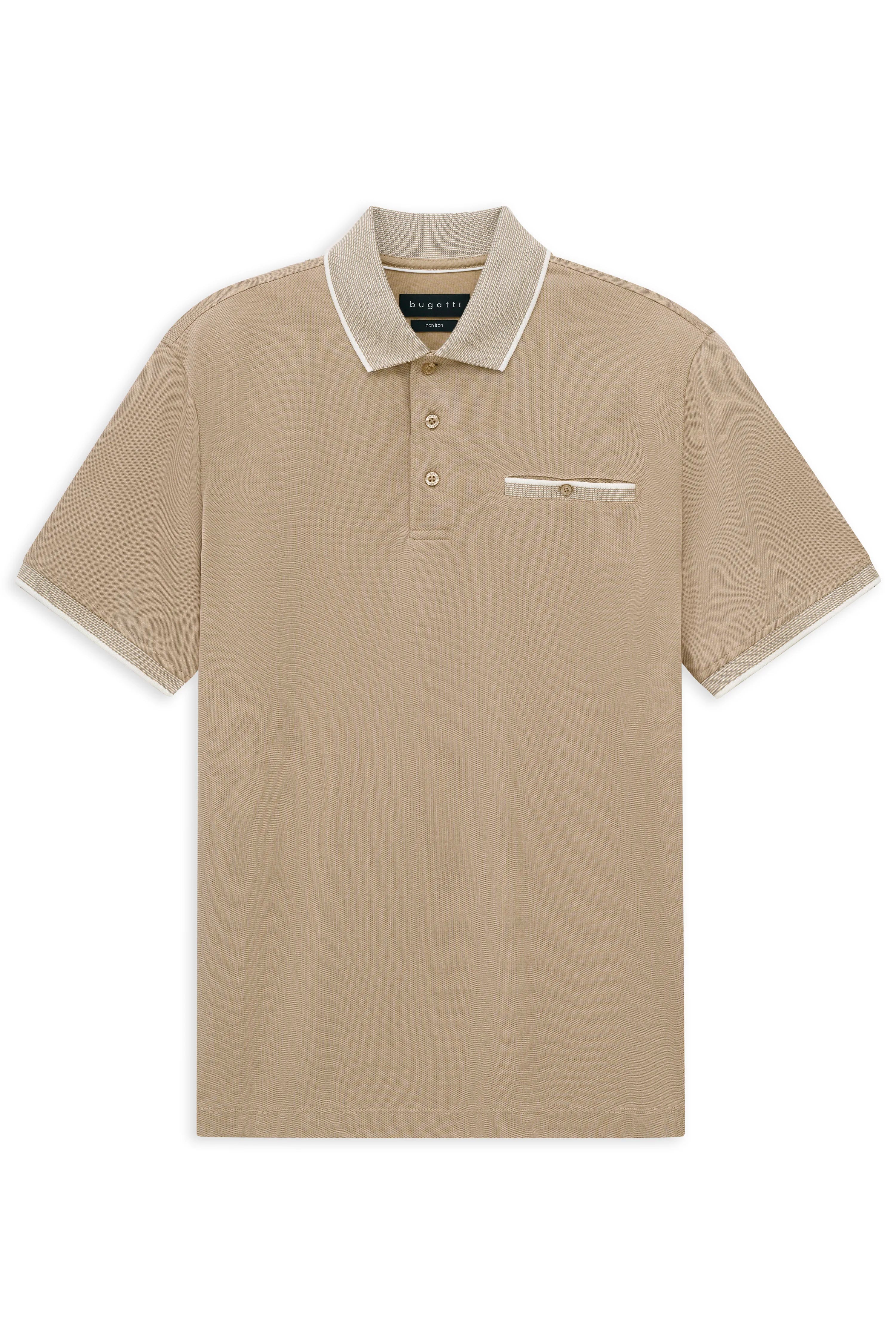 Beiges bugatti Polo-Shirt mit Kontrastdetails, Büstenbild.