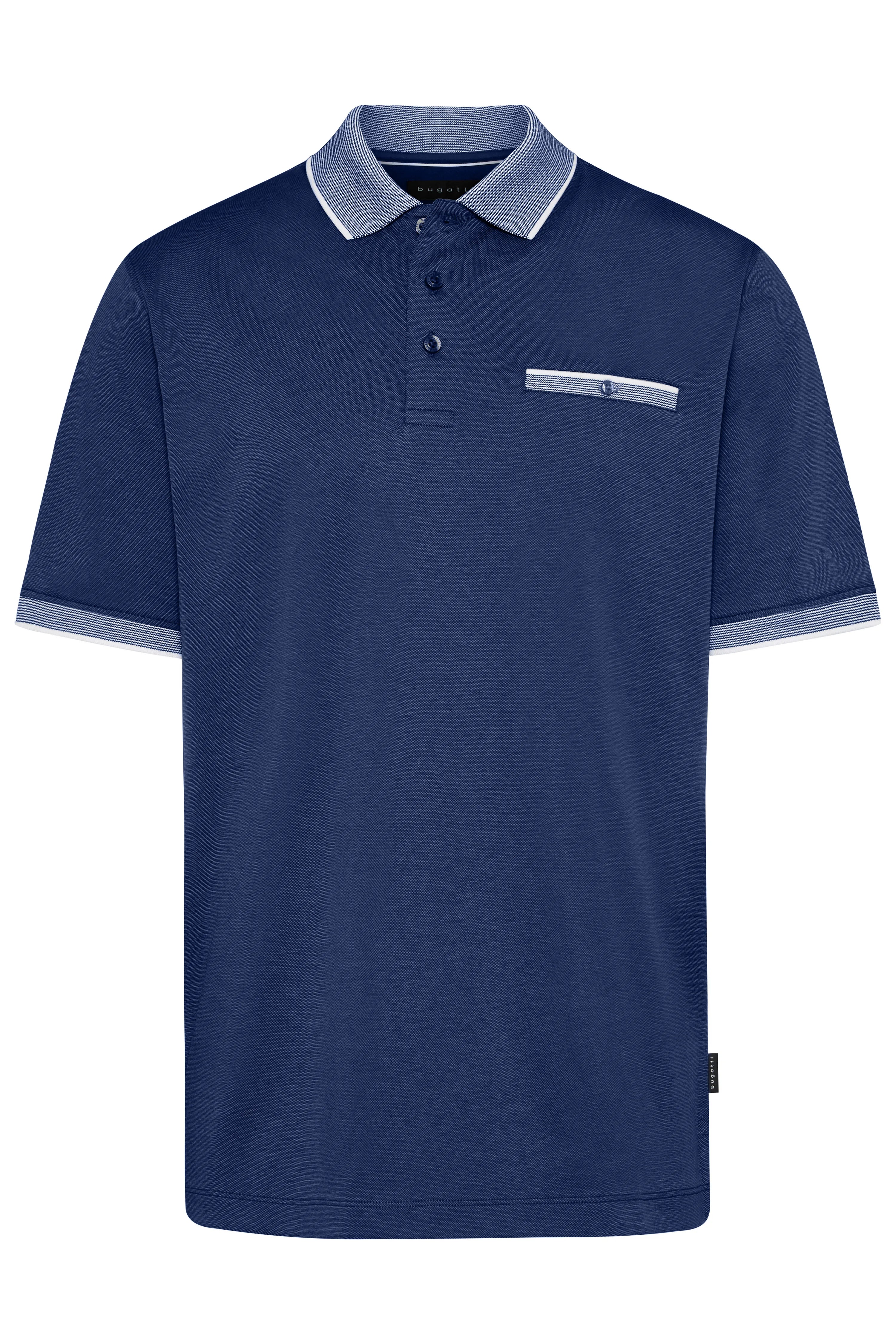 Navy blue bugatti polo shirt with striped collar and chest pocket, bust view.