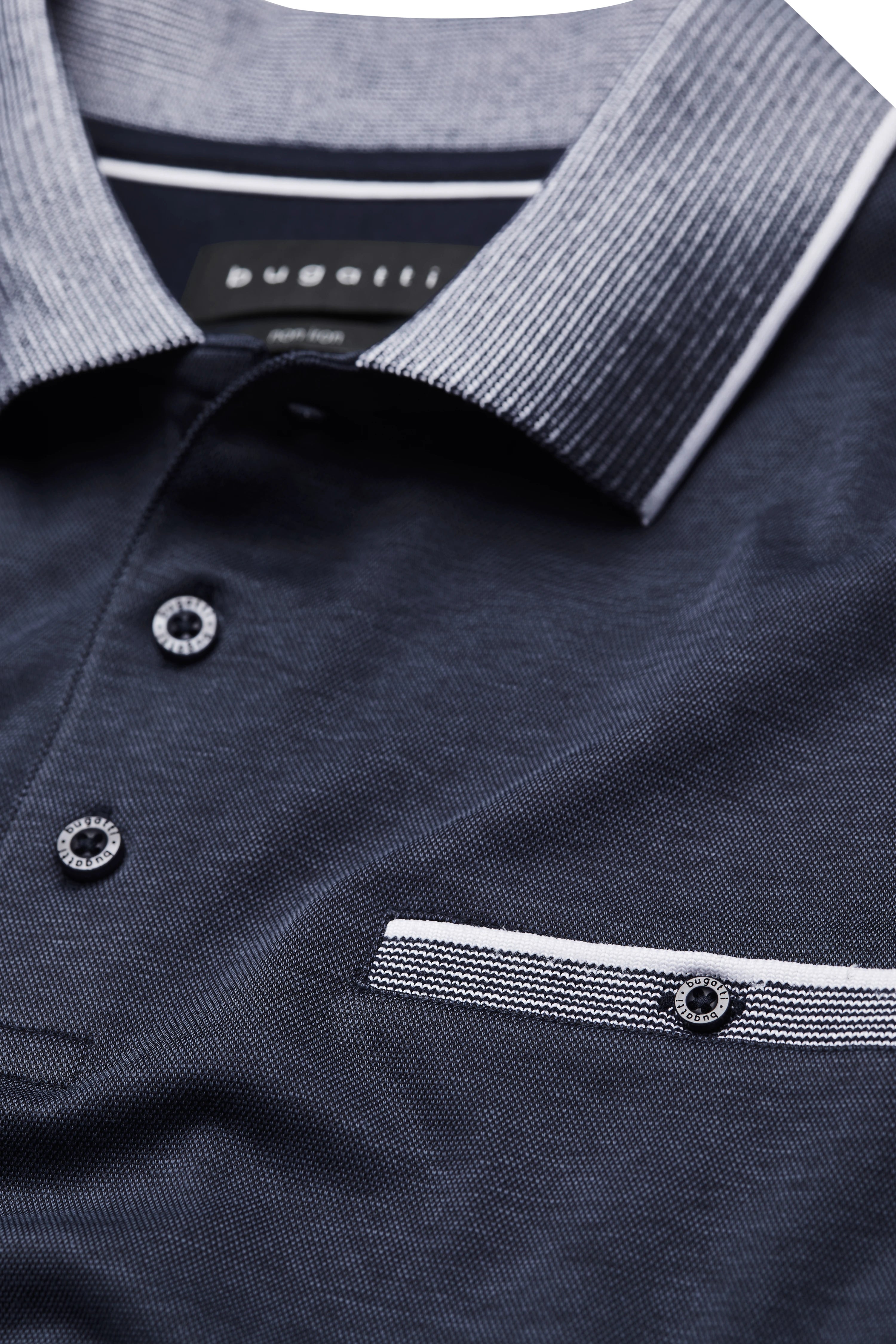 Dark blue bugatti polo shirt with striped collar and chest pocket, detailed view, elegant and timeless.