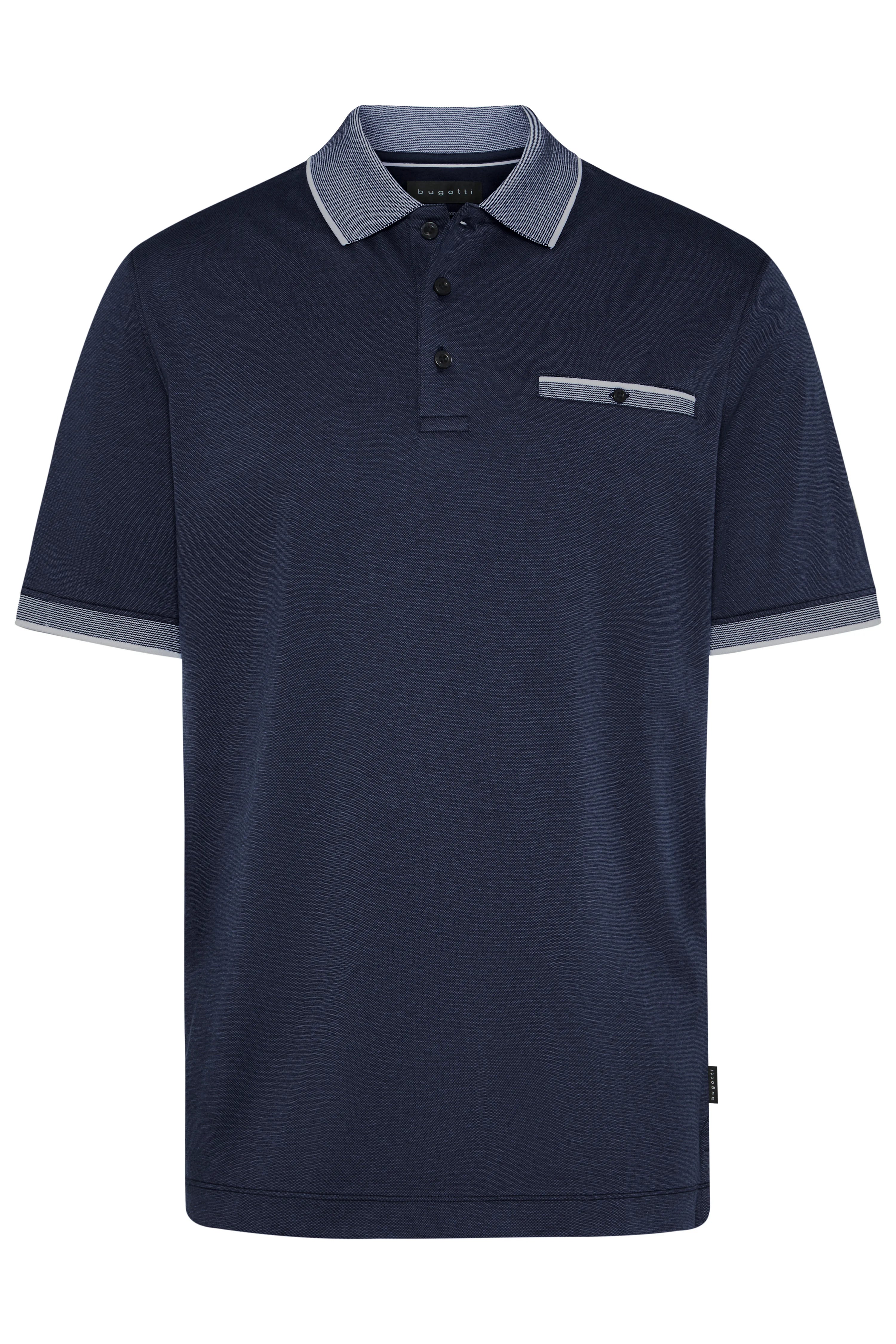 Navy bugatti polo shirt with striped collar and chest pocket detail, bust view.