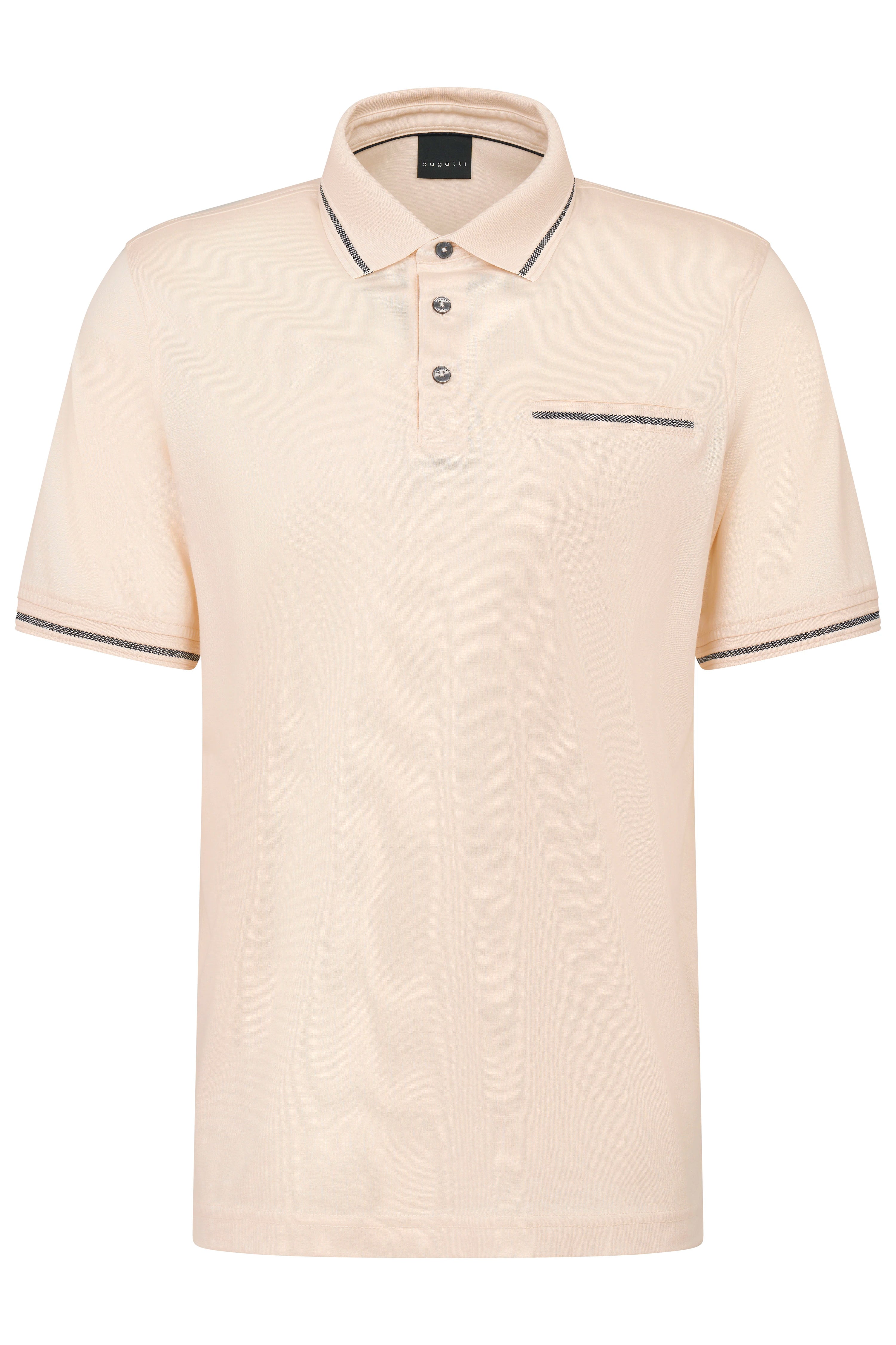 Beige bugatti polo shirt with contrast details and button placket, bust view.