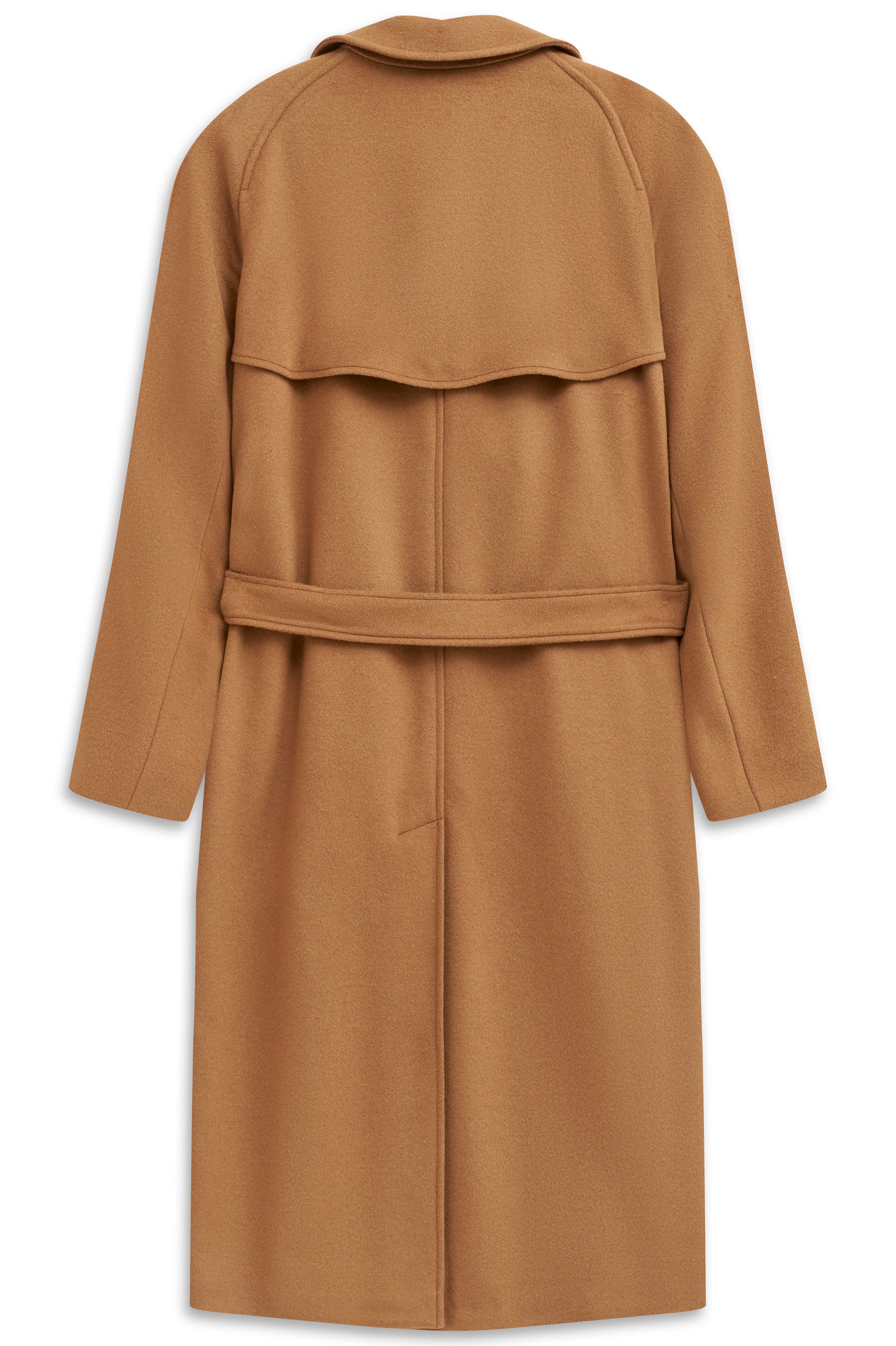 bugatti camel coat, classic design, back view, casual bust image.
