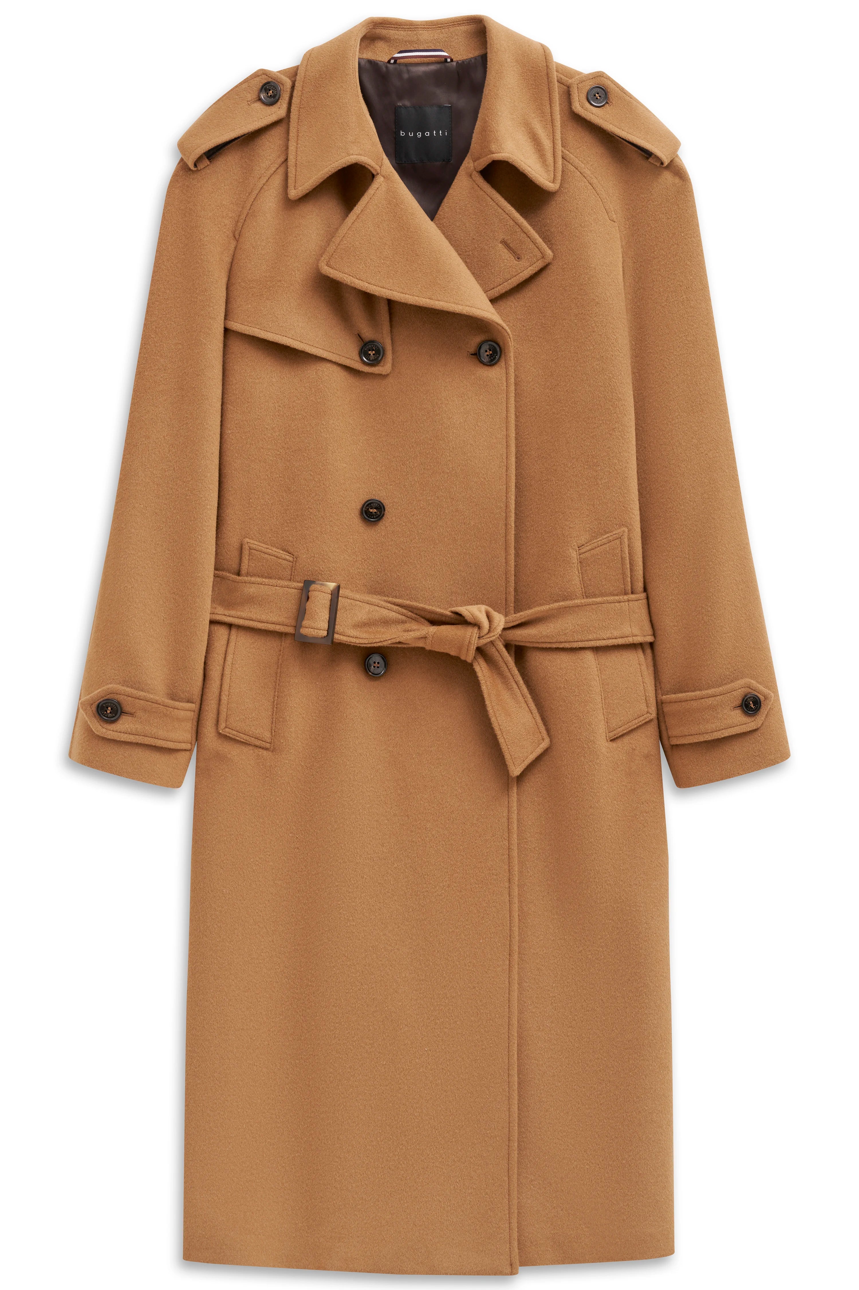 Camel-colored bugatti trench coat bust view, high-quality material, belt, and button details.