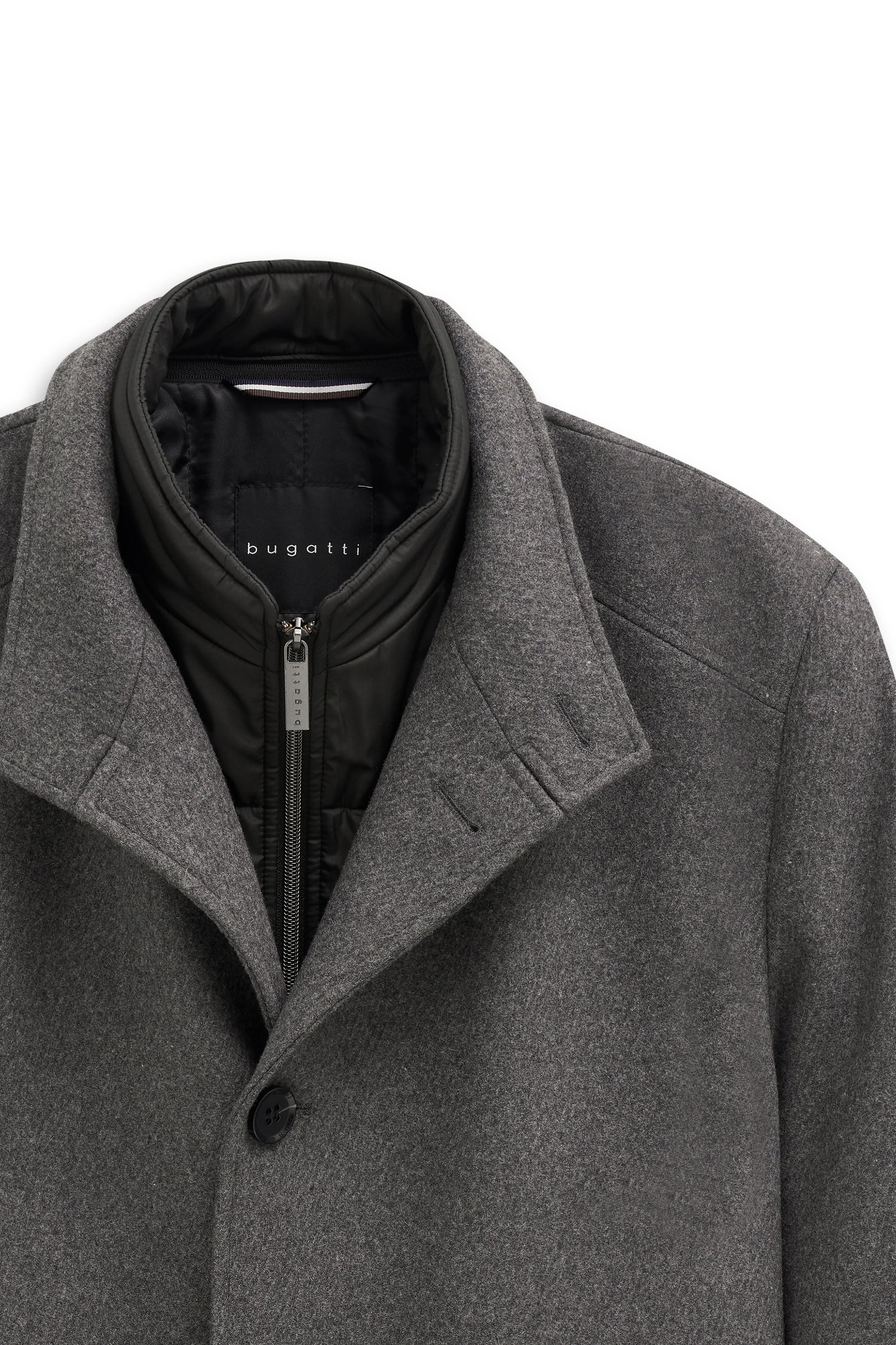 Grau melierter bugatti Mantel mit schwarzem Innenfutter, Büstenbild.