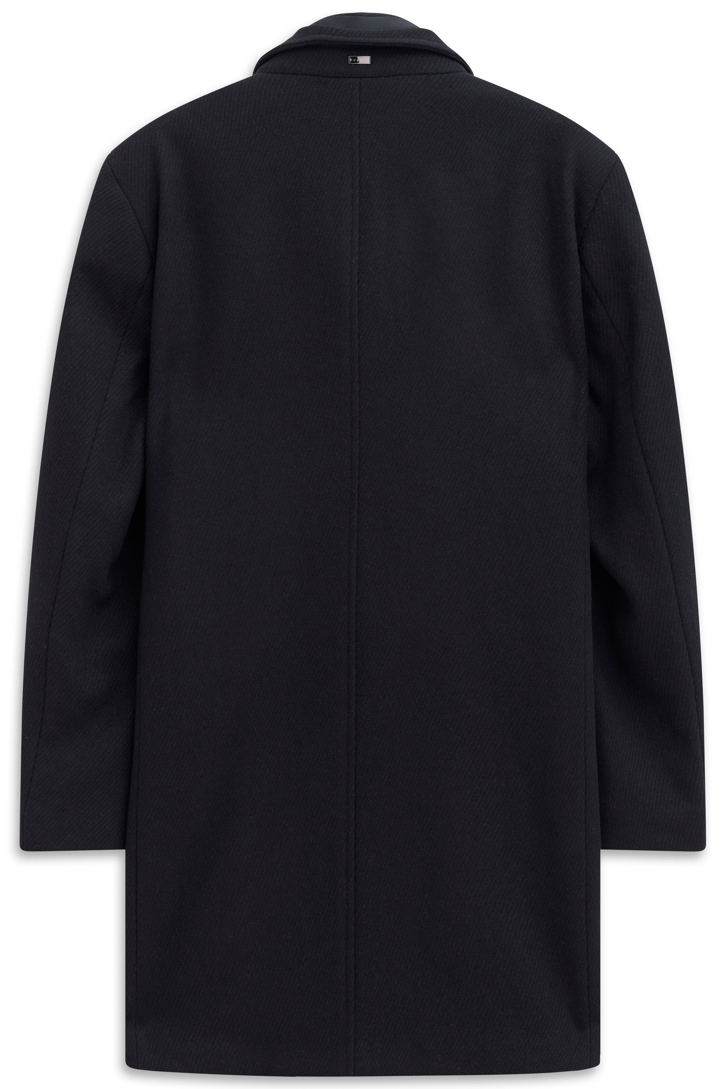 Black bugatti coat, back view, elegant design, high-quality material, bust shot.
