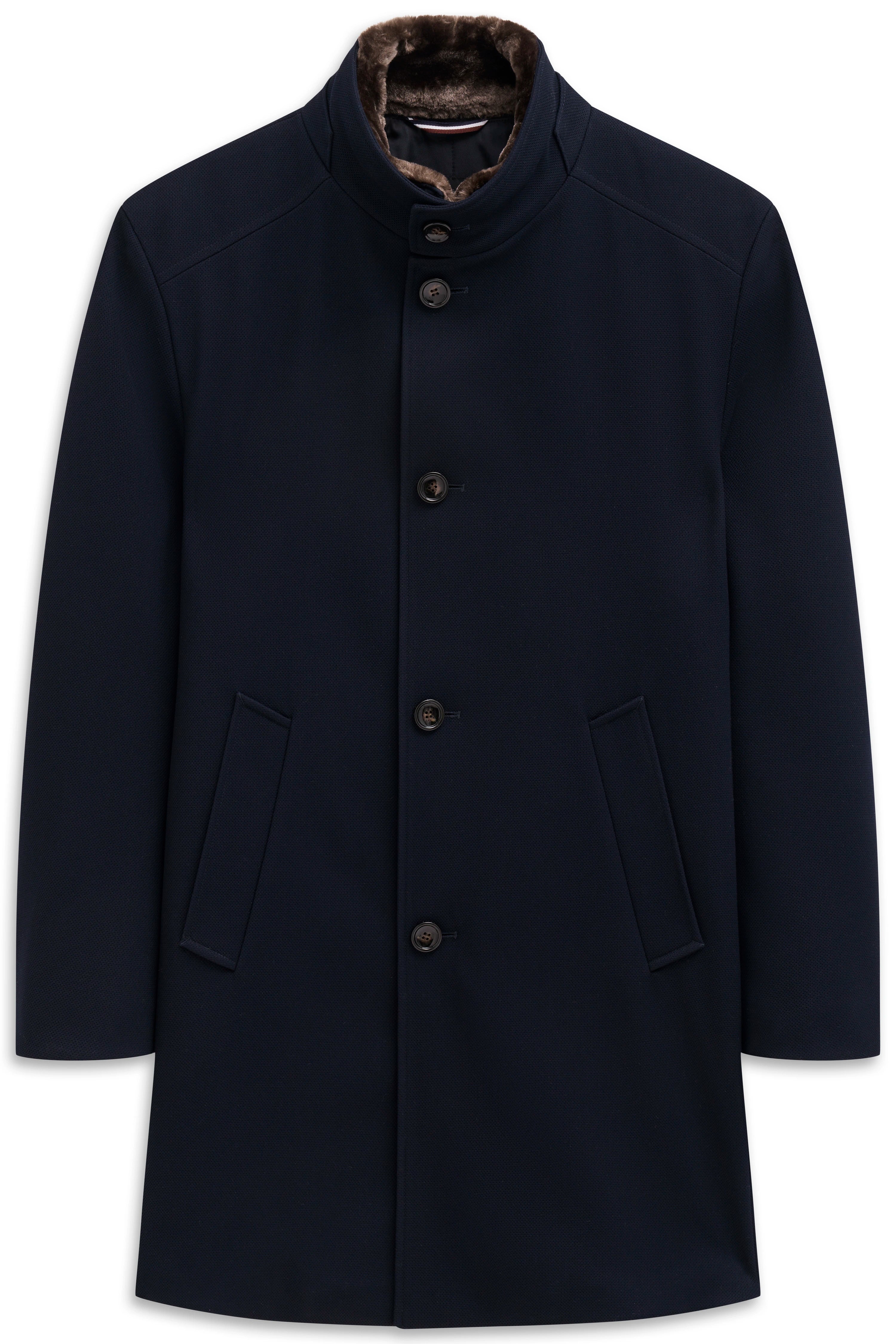 Dark blue bugatti coat, bust view, elegant design with stand-up collar and button placket.