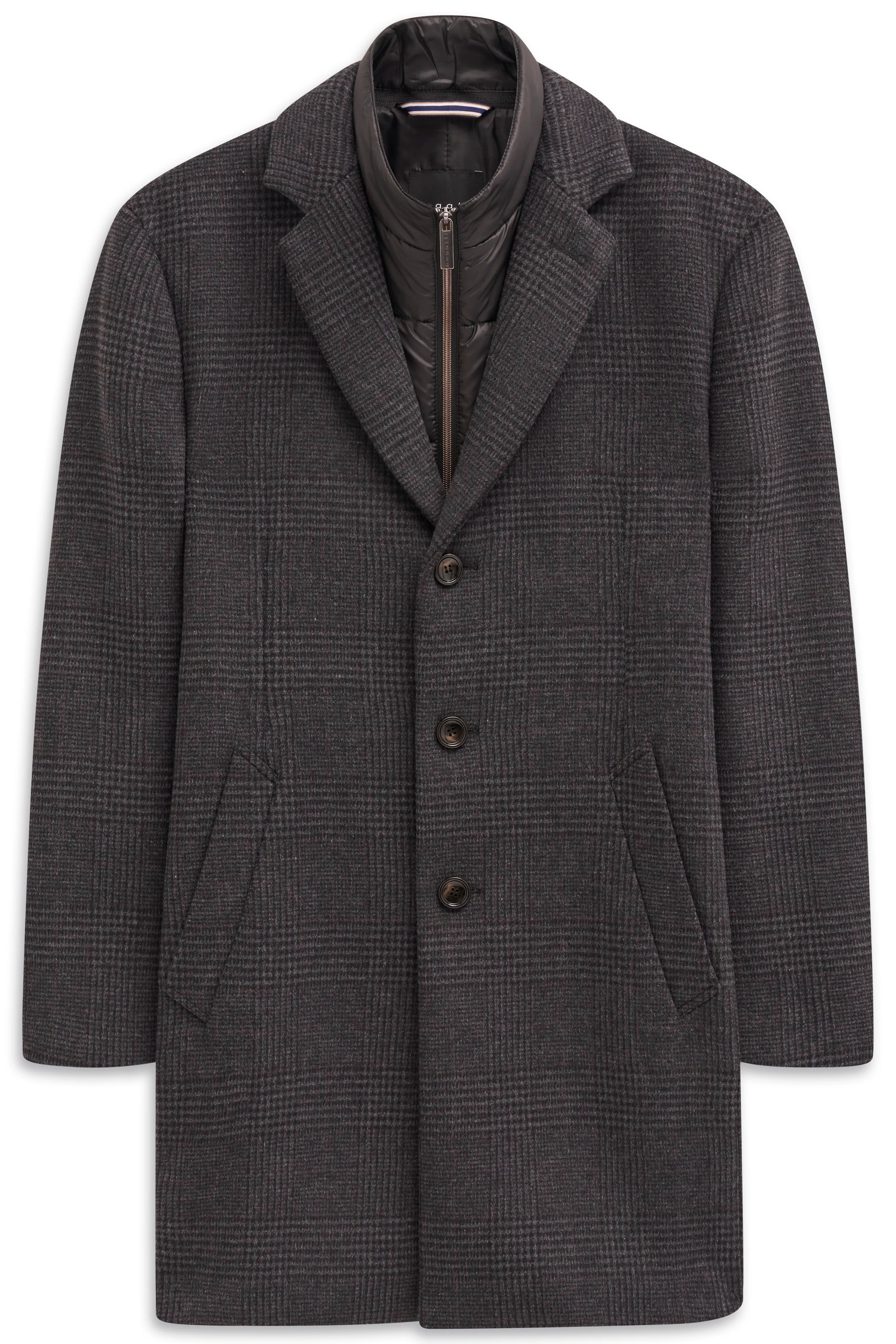 Grauer Kariert-Mantel von bugatti, Büstenbild, mit integriertem Steppfutter.