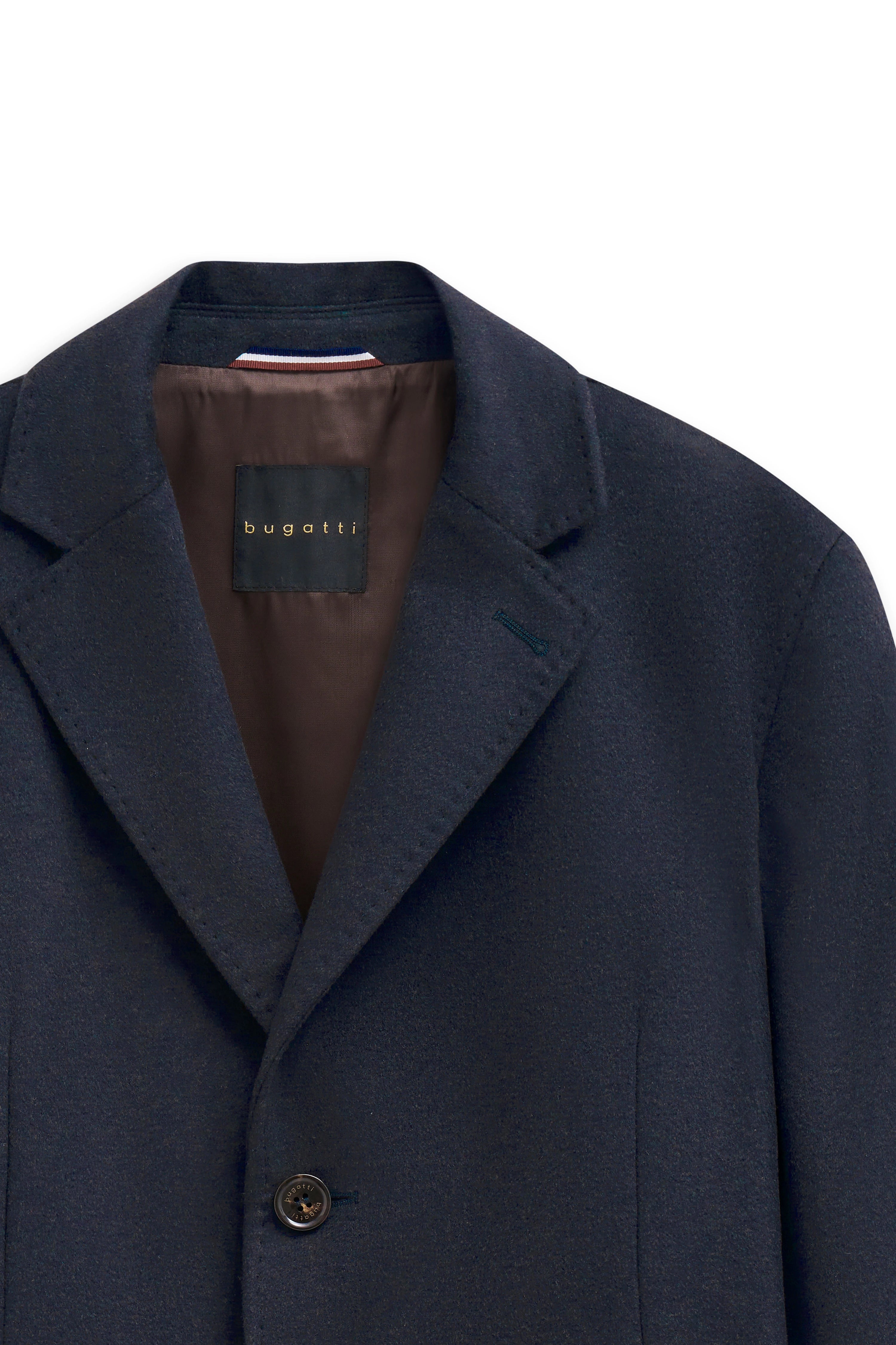 Blauer bugatti Blazer, Büstenansicht, elegante Verarbeitung.