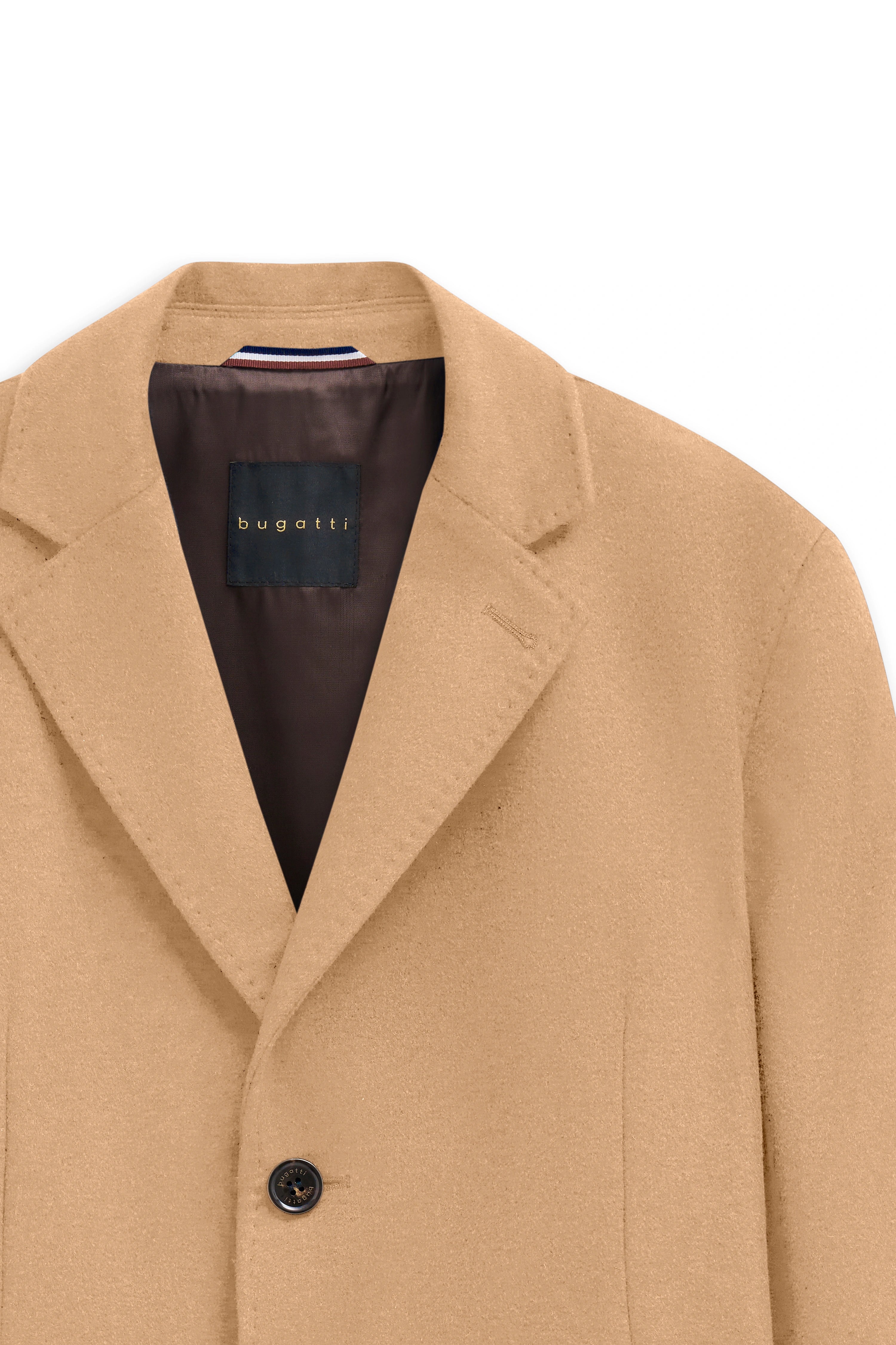 Beiger bugatti Mantel, Büstenbild, eleganter Kragen und Knopf.