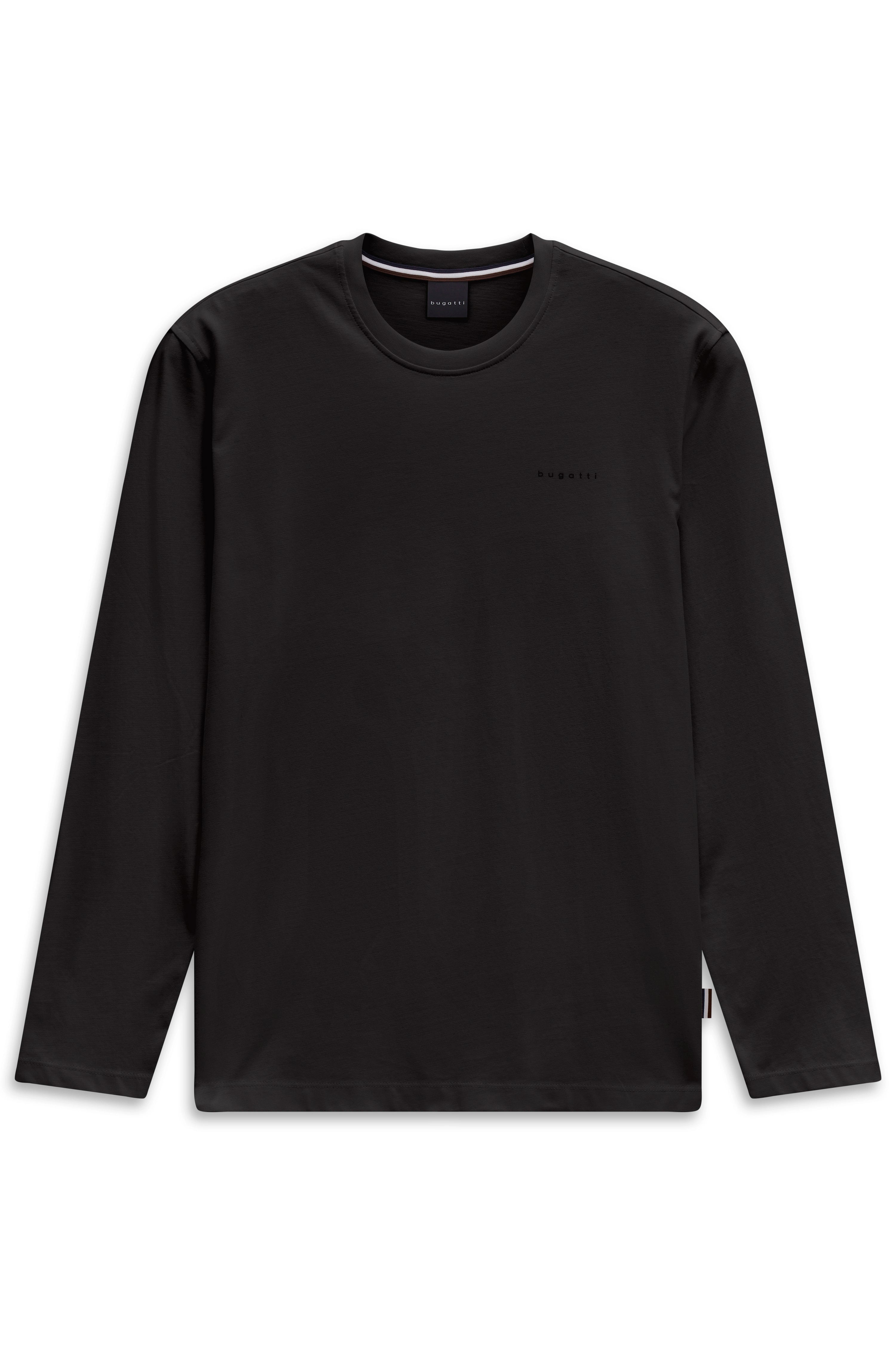 Schwarzes bugatti Langarmshirt, Büstenbild, schlichtes Design.