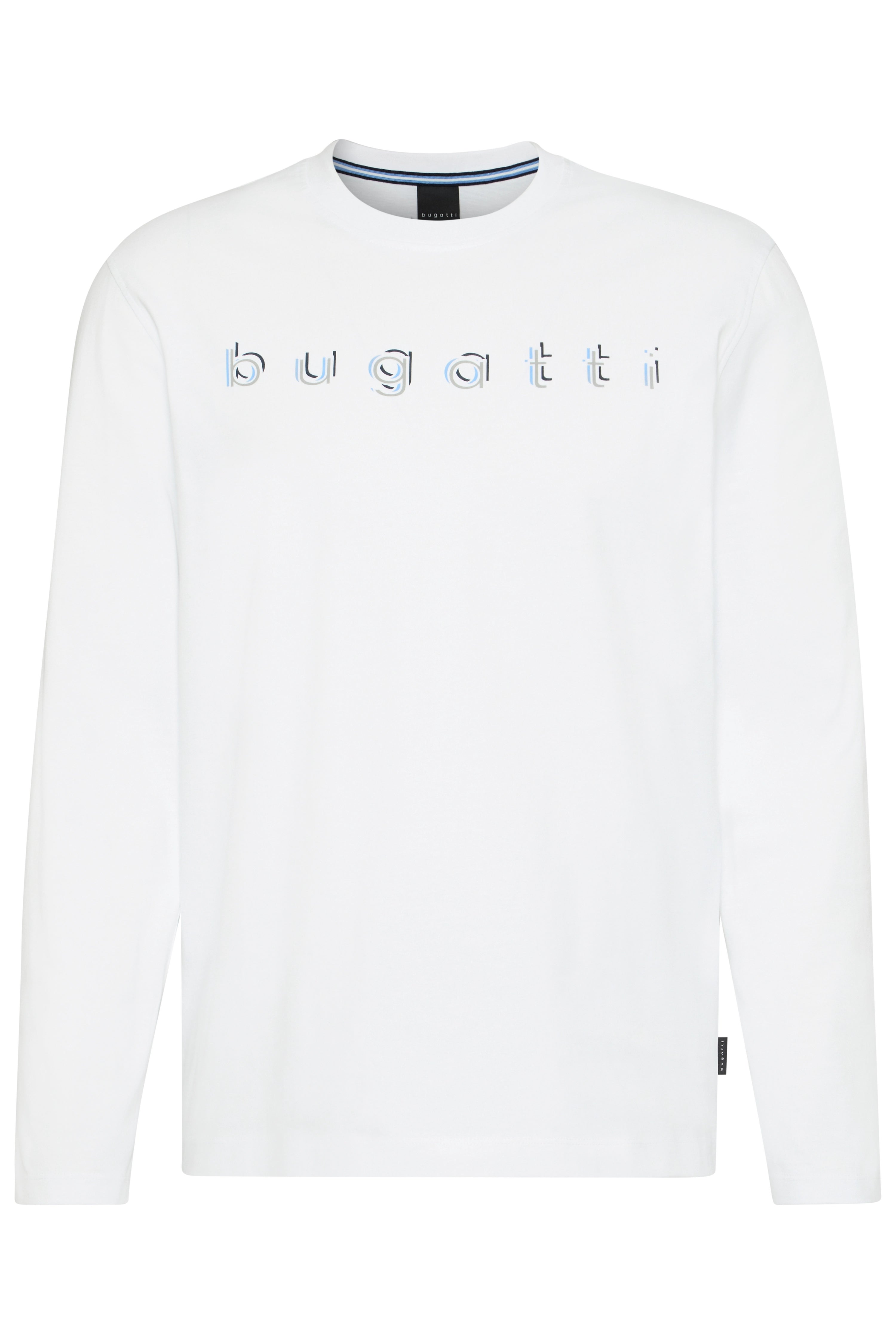 White bugatti sweatshirt with logo, casual bust view.