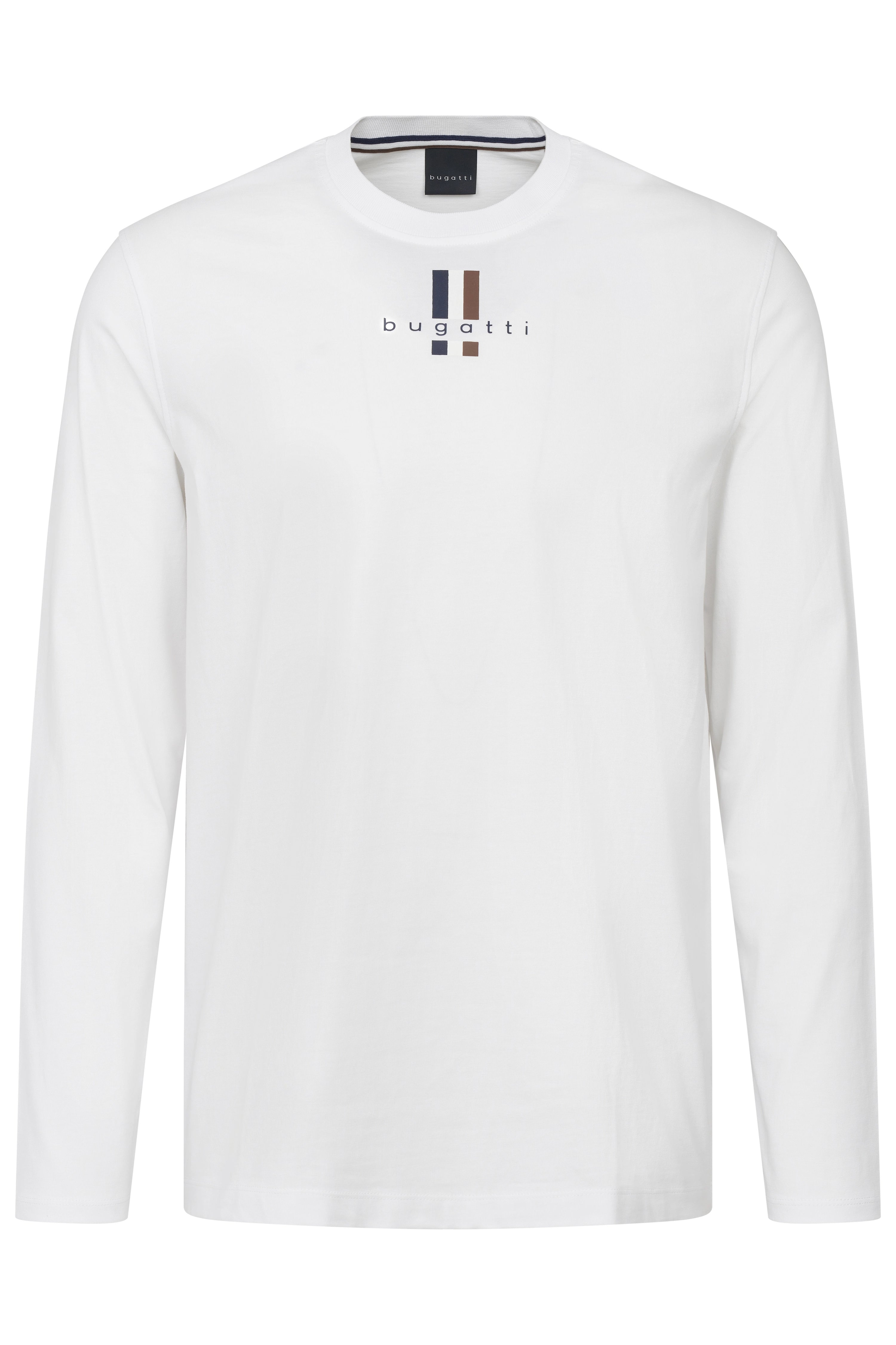 White bugatti long-sleeve shirt with logo, bust view.
