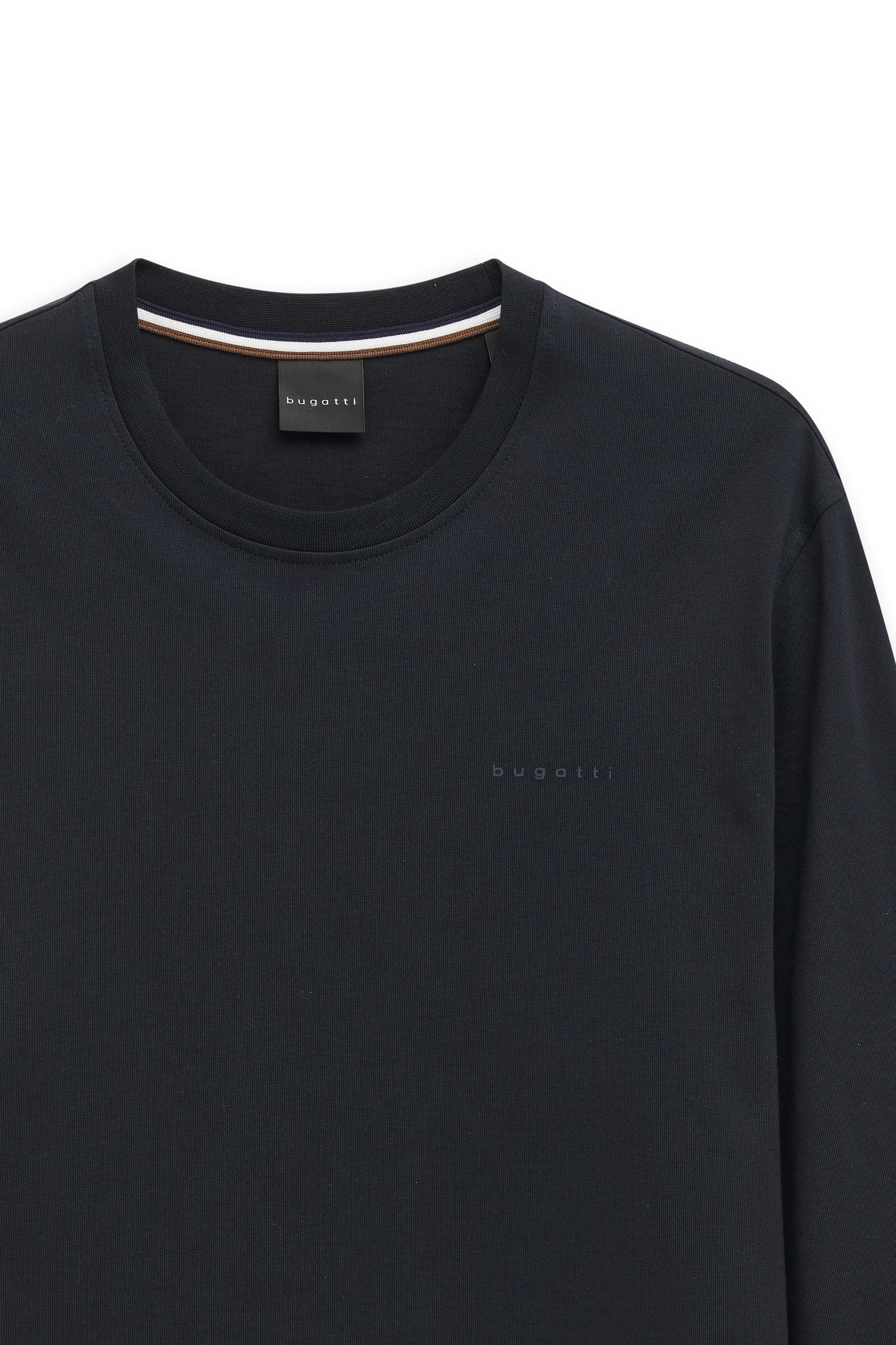 Donkerblauw bugatti T-shirt, buste-afbeelding, eenvoudig ontwerp, ronde hals.