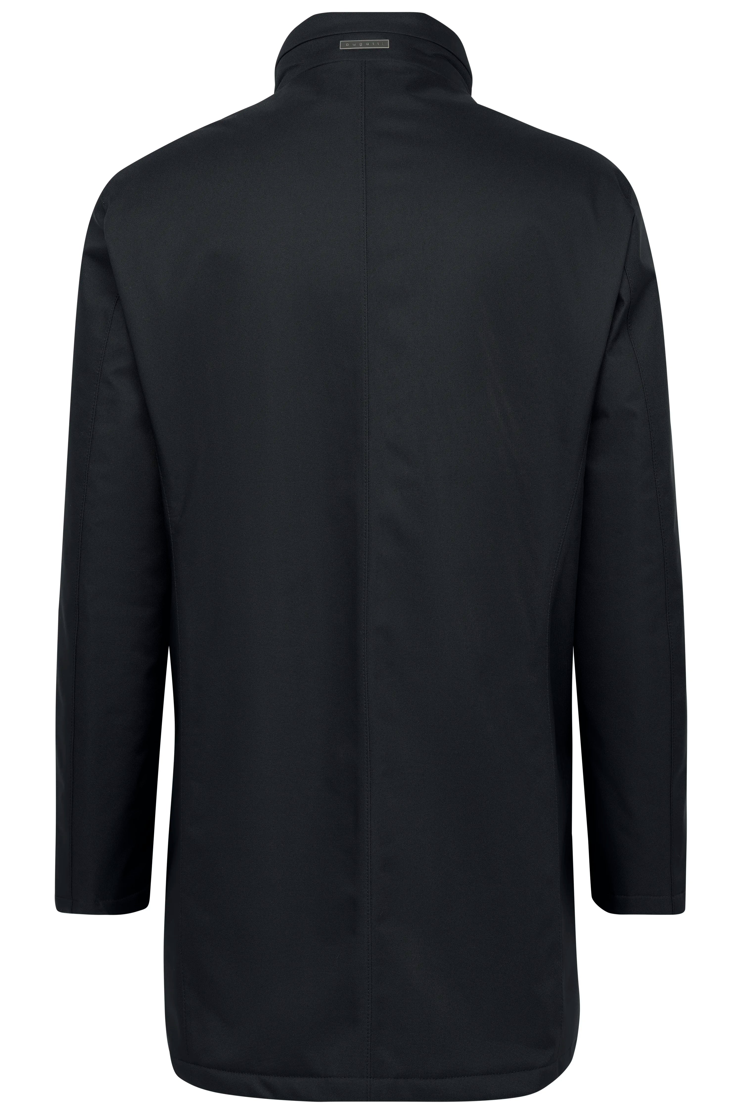 Schwarzer bugatti Mantel, Rückansicht, schlichtes Design, zeitlose Eleganz, hochwertige Verarbeitung.