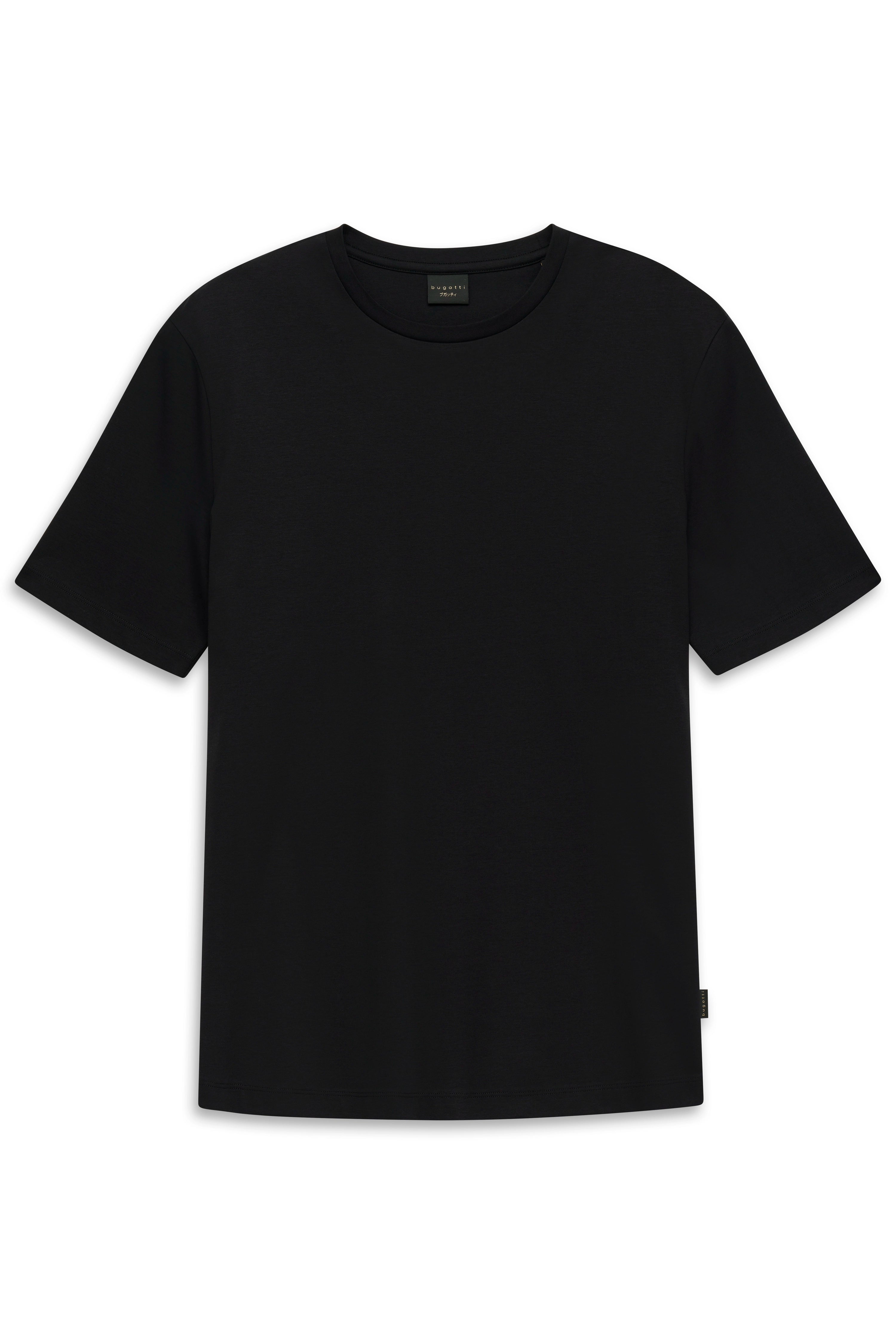 Schwarzes bugatti T-Shirt, legerer Stil, hochwertiger Stoff, Büstenbild.