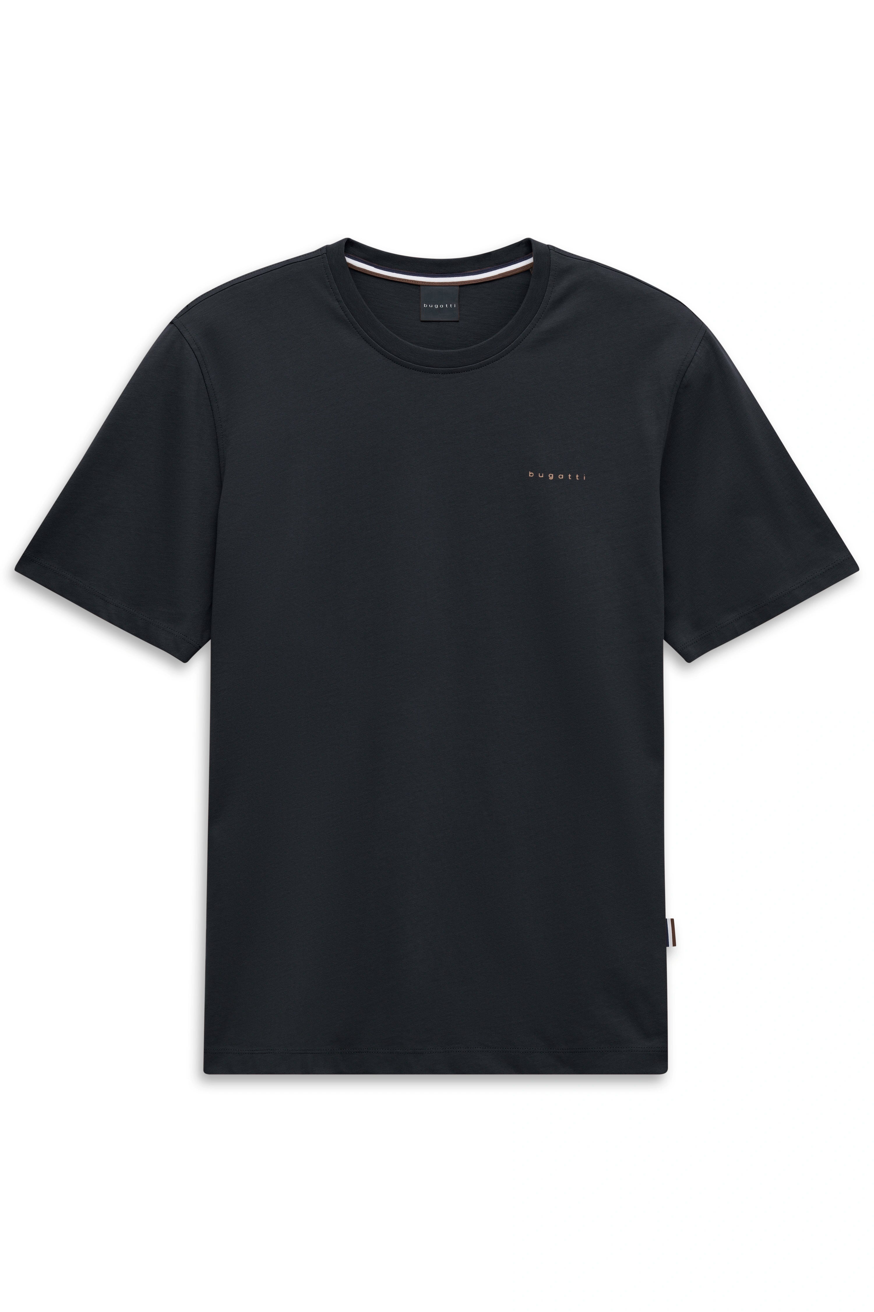 Schwarzes bugatti T-Shirt, schlichtes Design, Büstenbild.