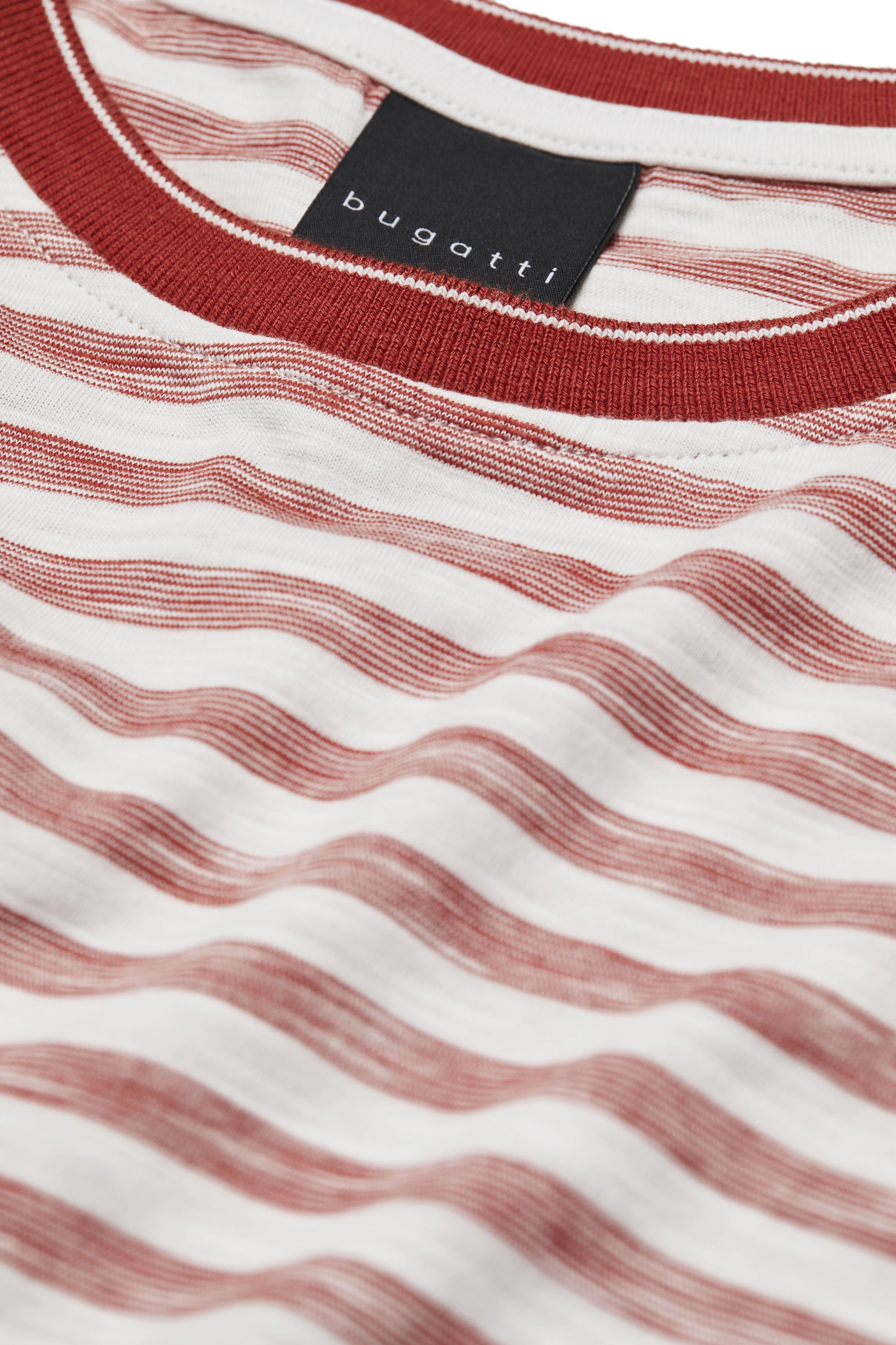 bugatti red and white striped shirt, detail view, casual style.