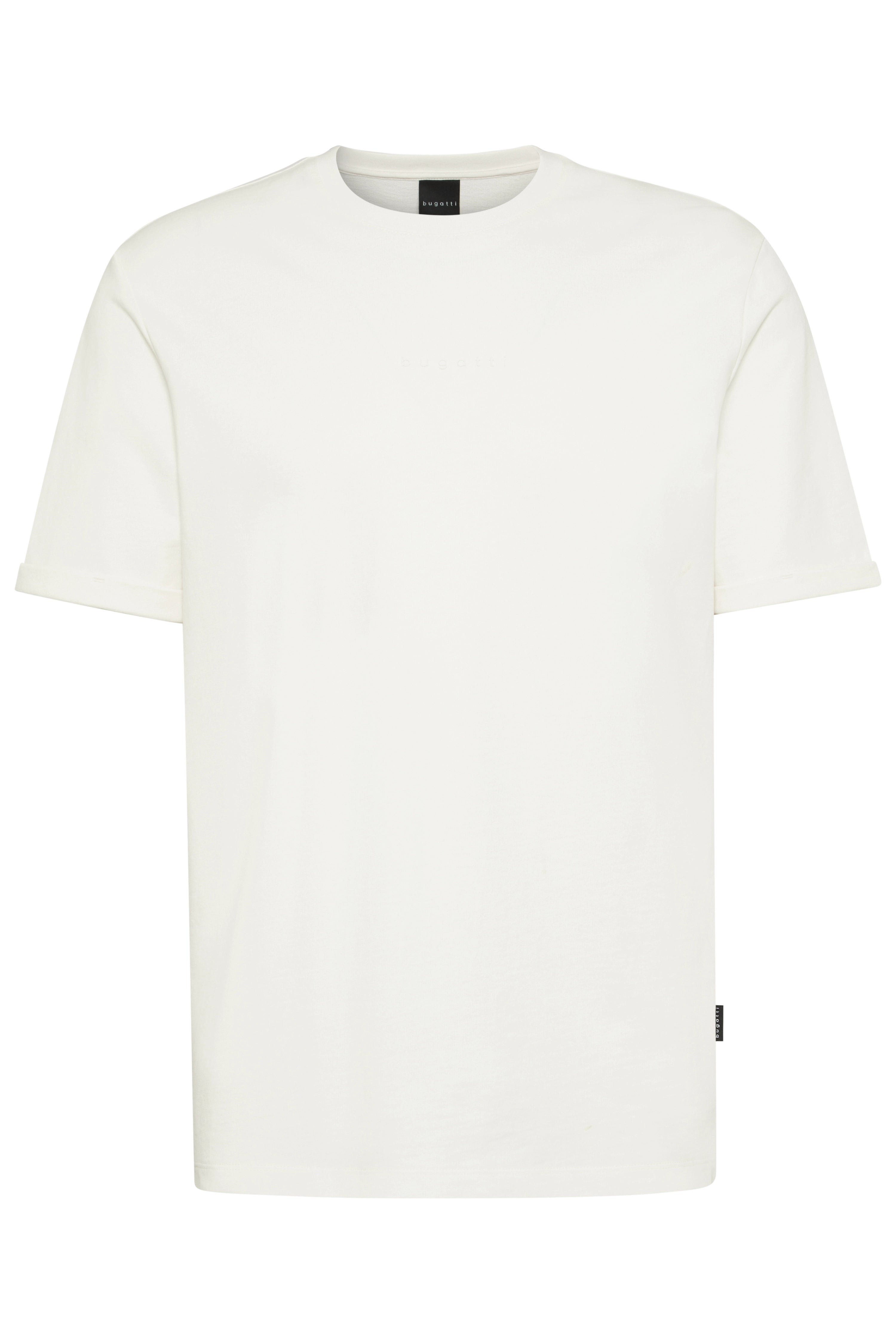 Weißes bugatti T-Shirt, legerer Stil, auf Büste präsentiert.