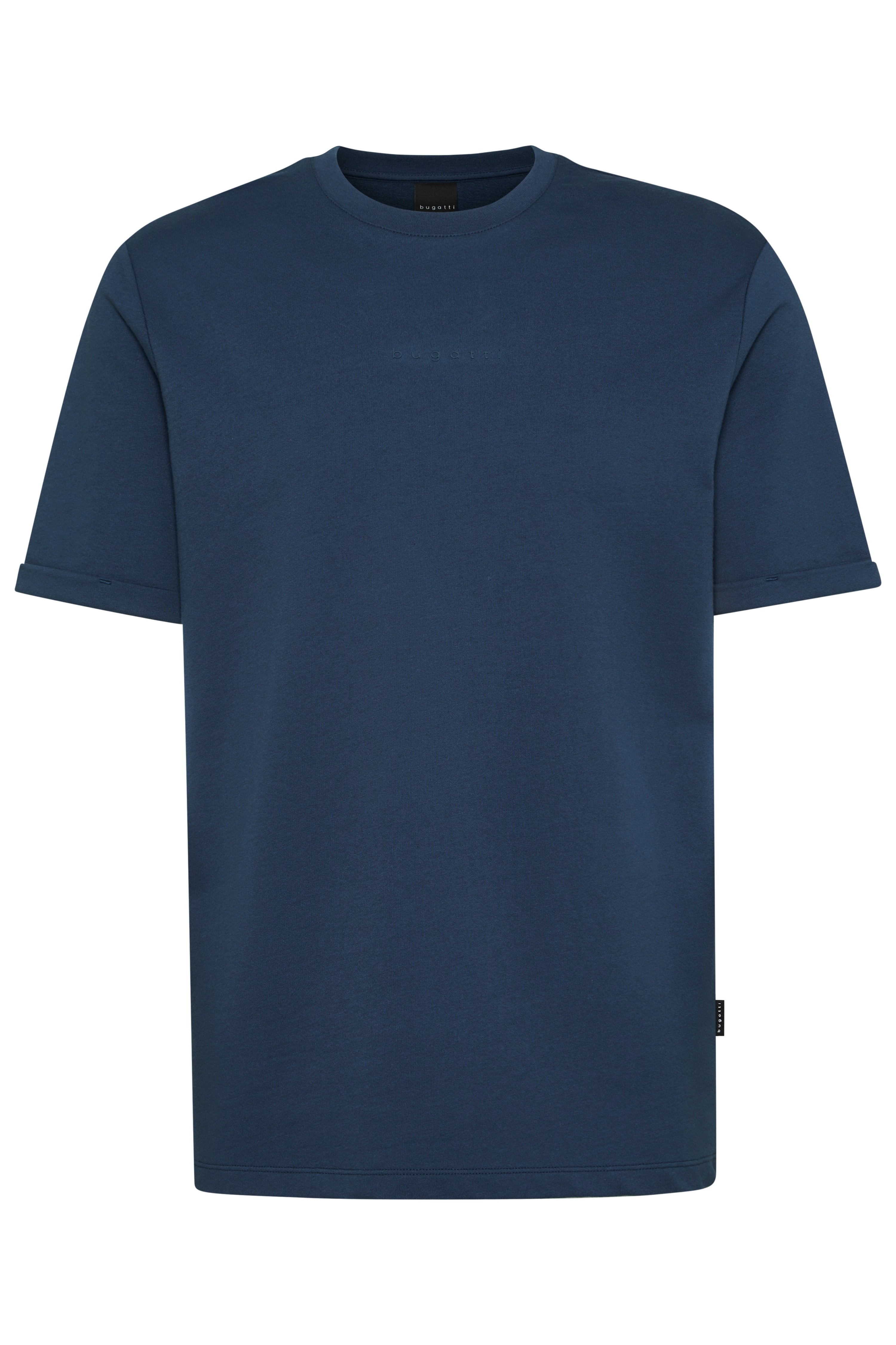 Navyblaues bugatti T-Shirt, Büstenbild, minimalistisches Design, elegante Schlichtheit.