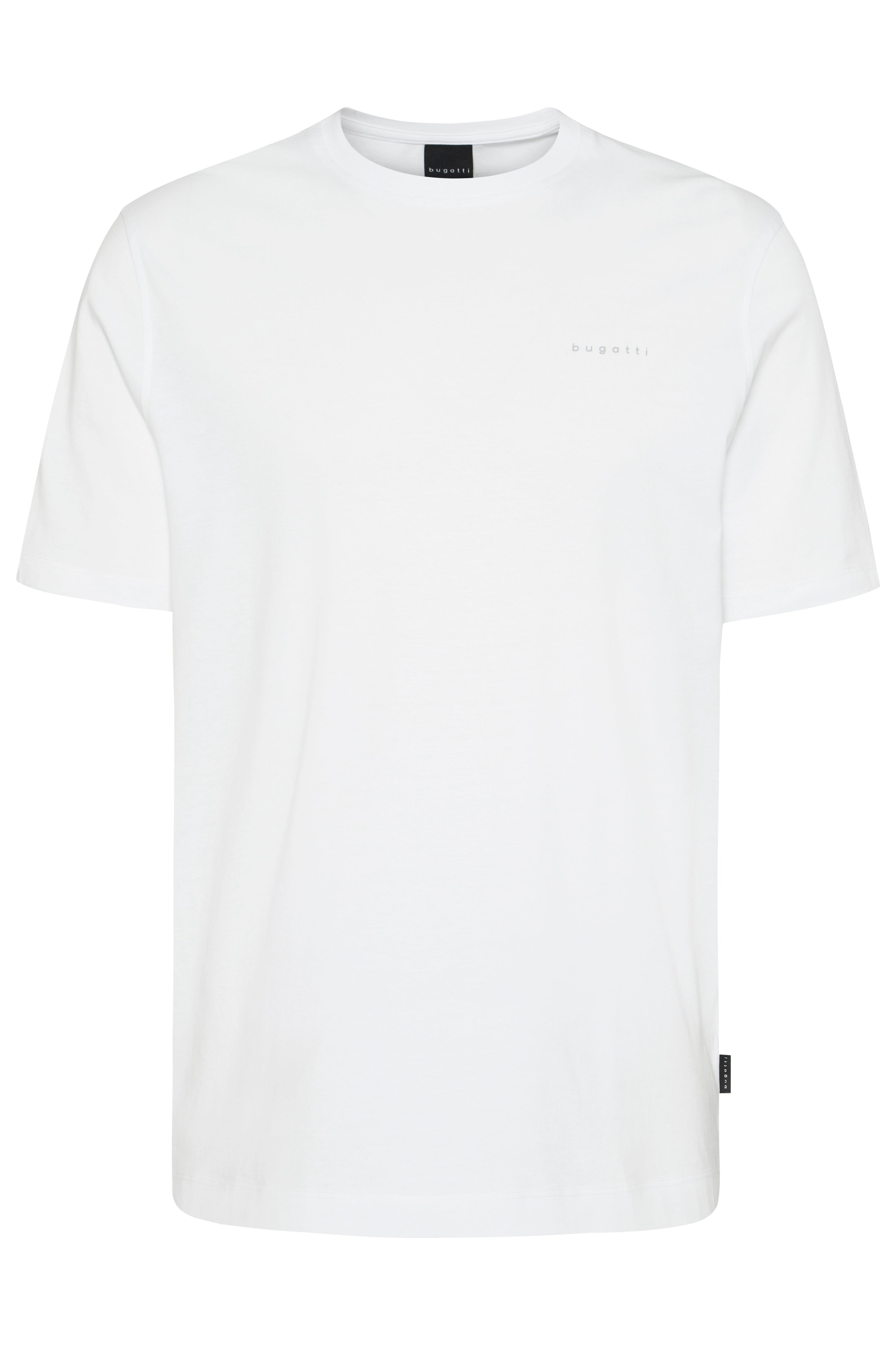 White bugatti T-shirt, casual bust image, subtle design with small logo.