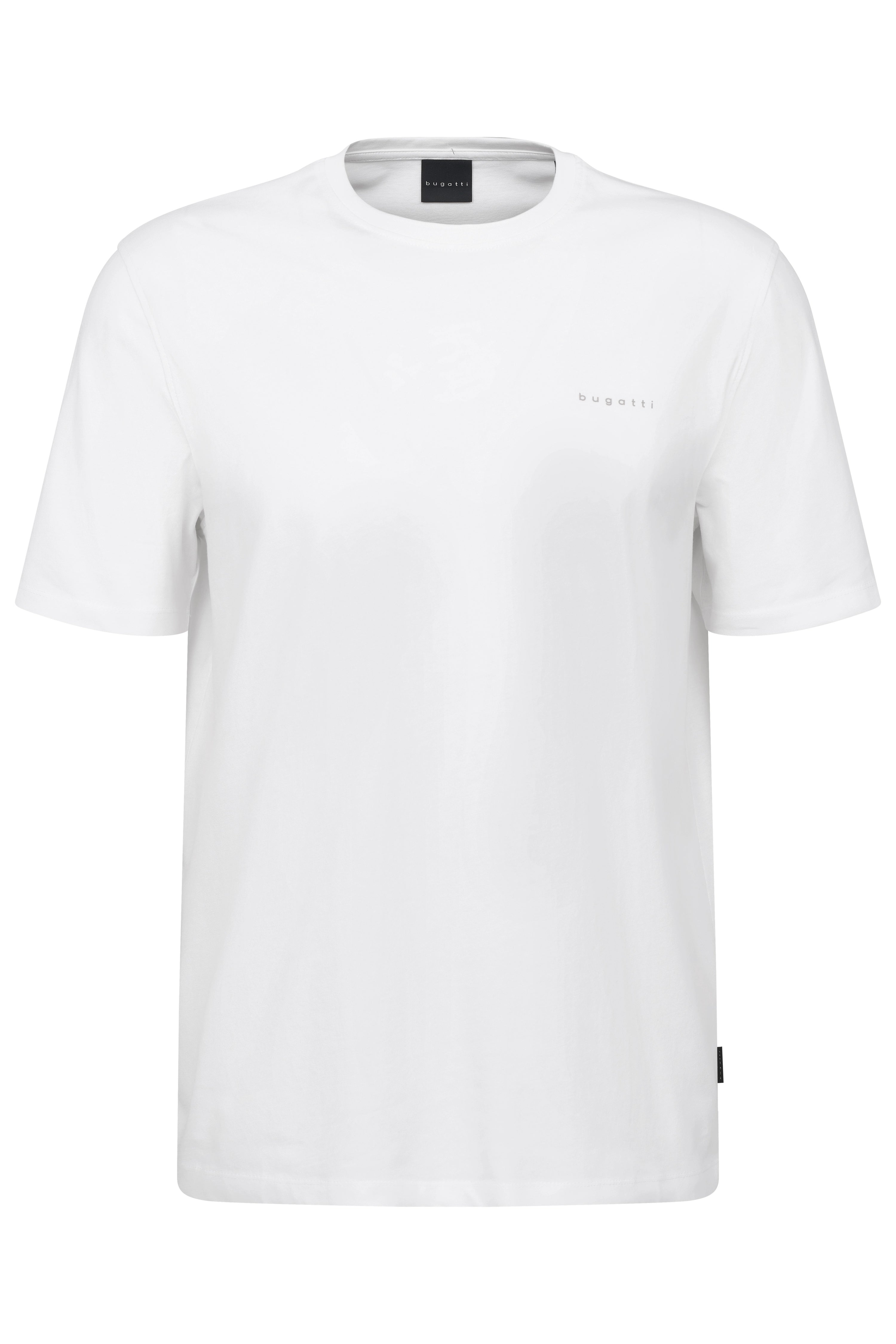 White bugatti T-shirt, simple design, bust view.
