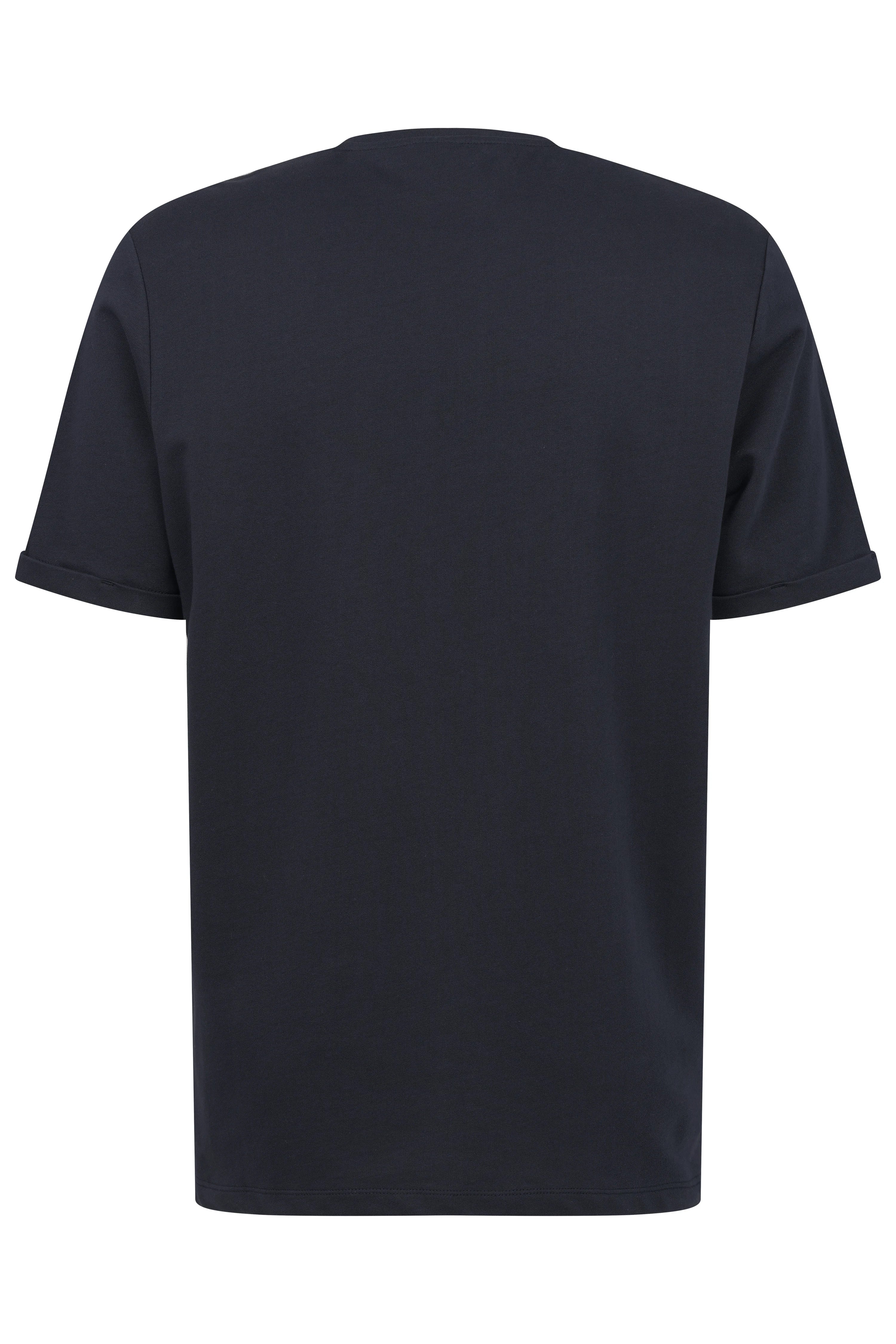 Dunkelblaues bugatti T-Shirt, Rückansicht, legeres Design, hochwertige Verarbeitung.