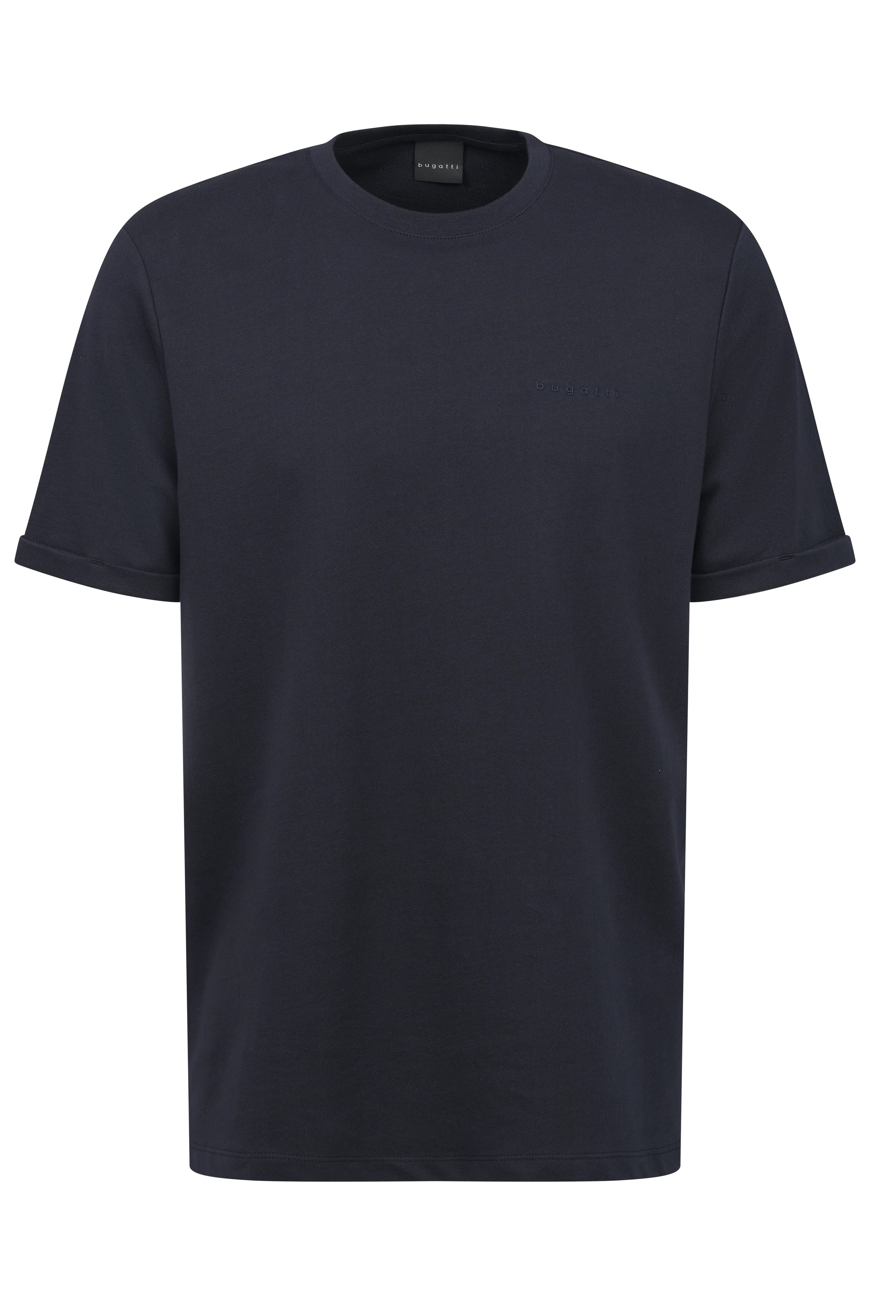 Dunkelblaues bugatti T-Shirt, kurzarm, klassisches Design, Büstenbild.