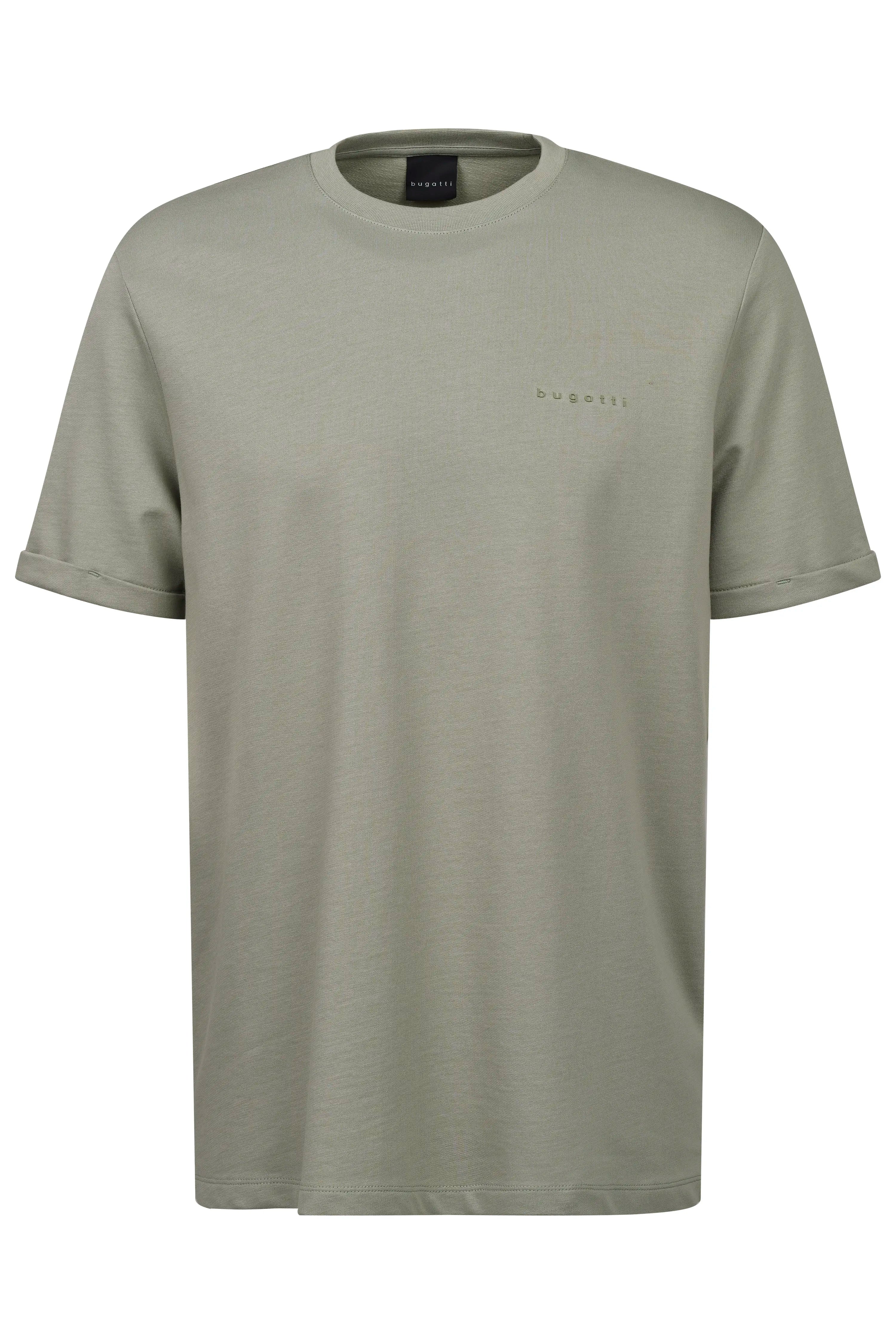 bugatti olive T-shirt, casual bust shot, rolled sleeves, subtle logo, timeless style.