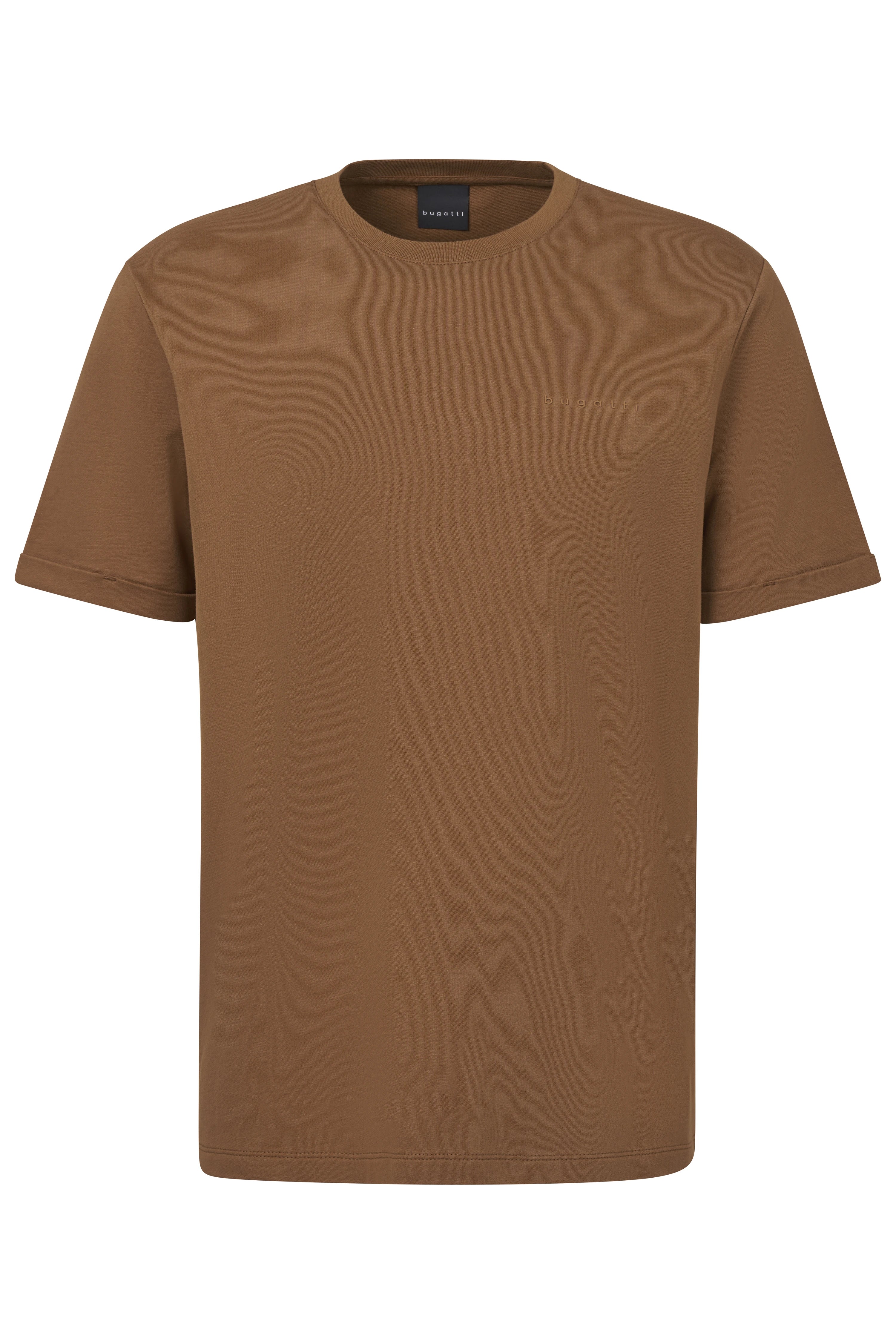 Braunes bugatti T-Shirt, legerer Stil, ohne Muster, Büstenbild.