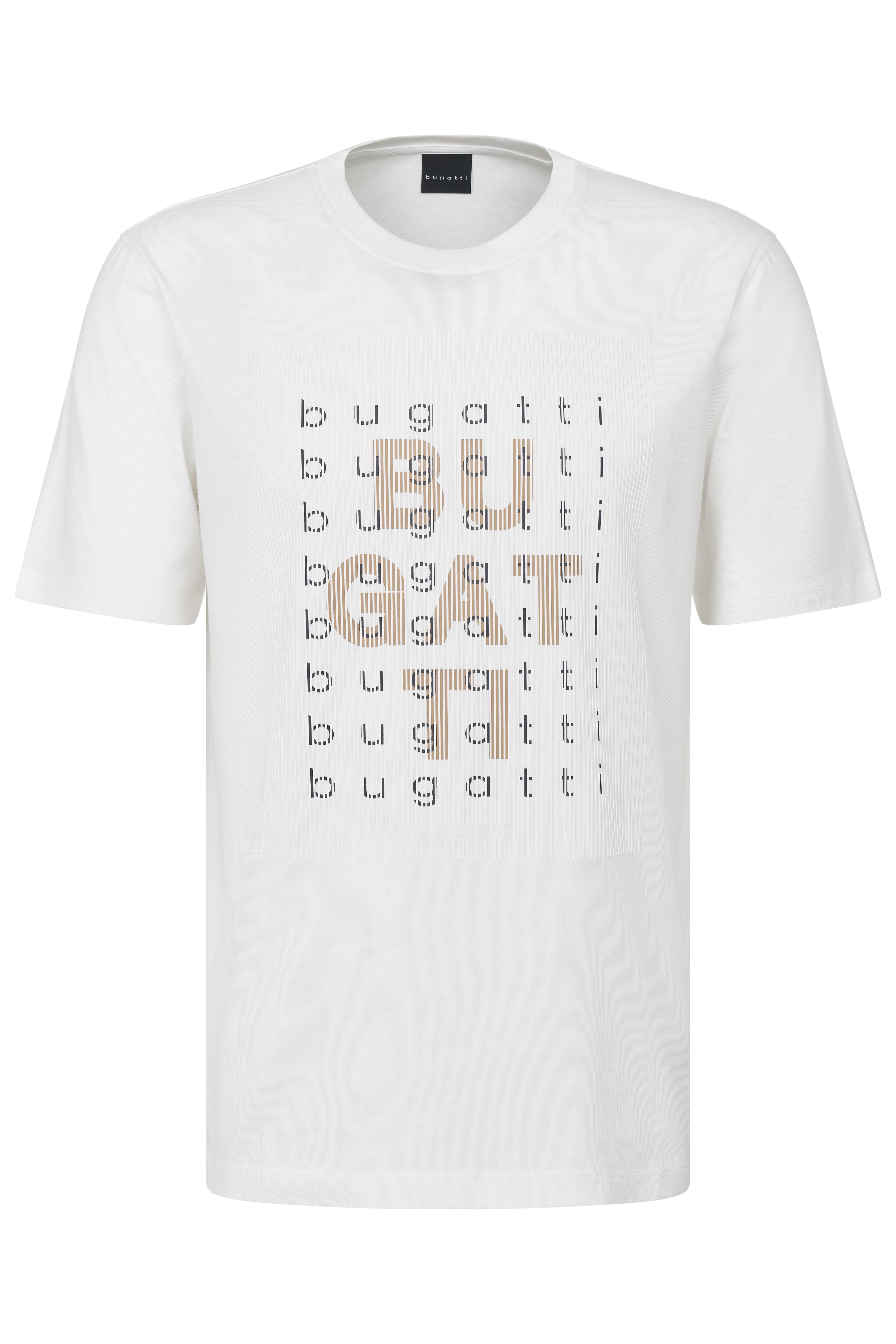 Weißes bugatti T-Shirt mit modernem Logo-Design, Büstenbild.