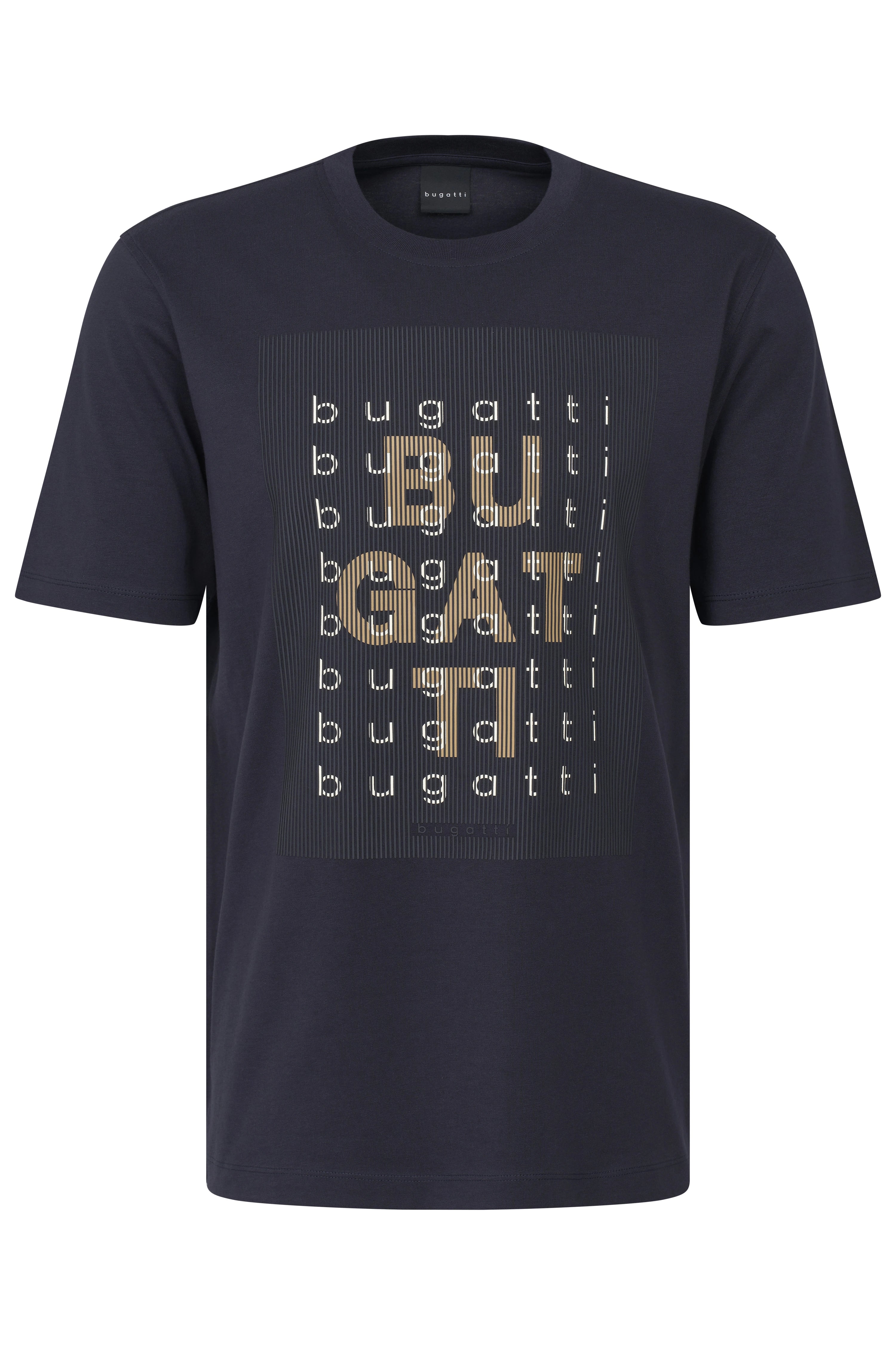 bugatti T-Shirt, dunkelblau, mit grafischem Logo-Print, Büstenbild.