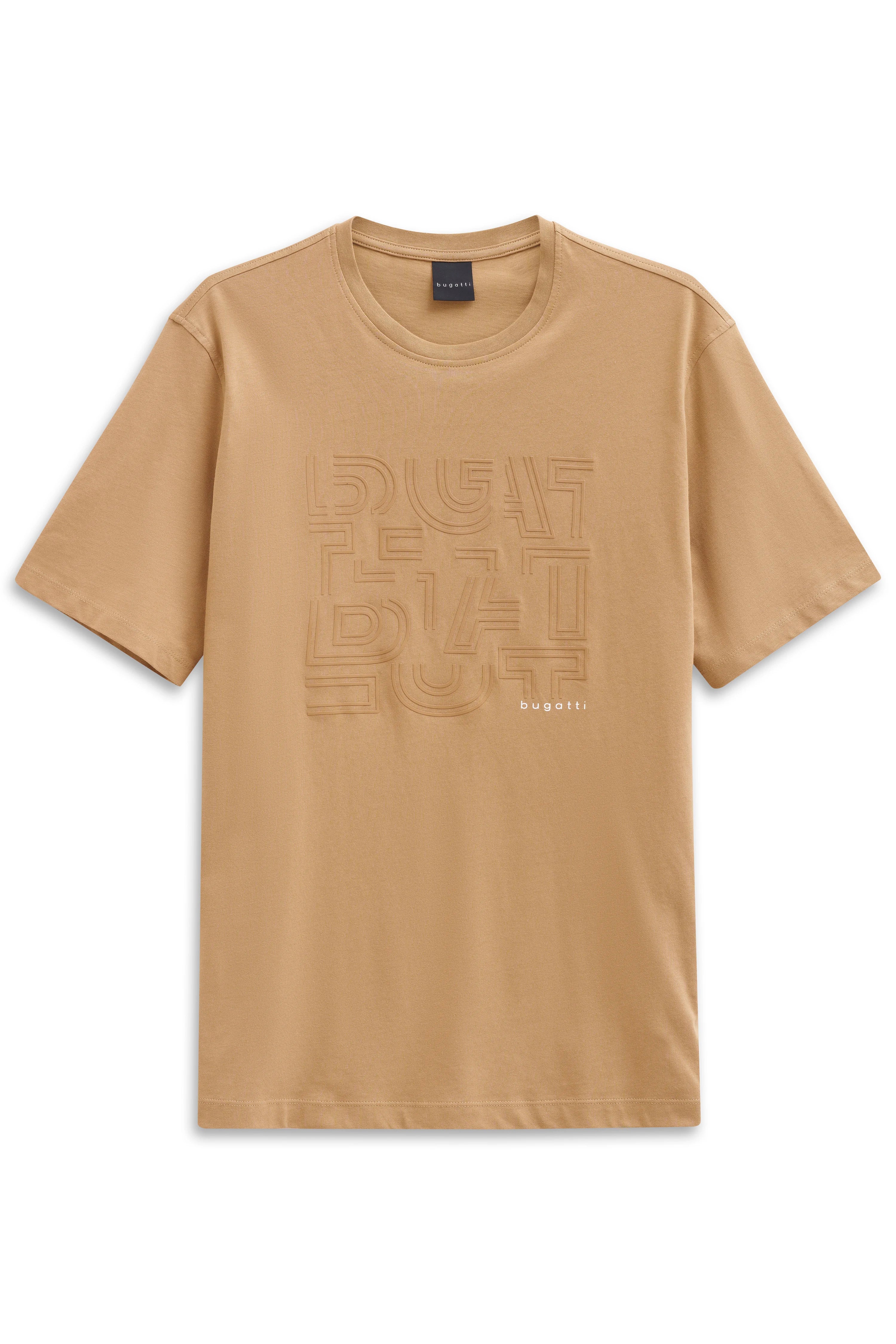 Beiges bugatti T-Shirt mit eingeprägtem Logo-Design, Büstenbild.