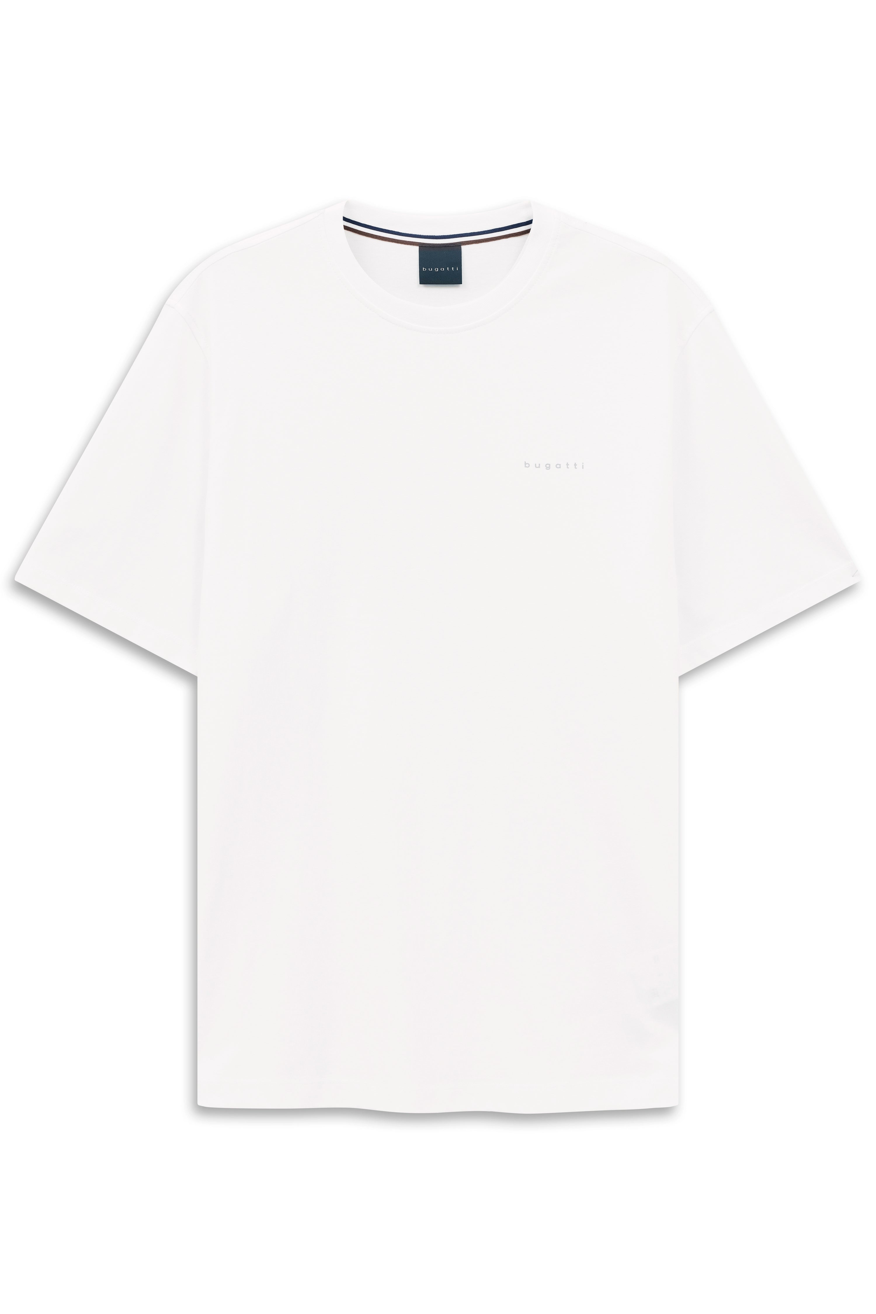 Weißes bugatti T-Shirt, schlichtes Design, Büstenbild, hochwertige Materialien, zeitlose Eleganz.