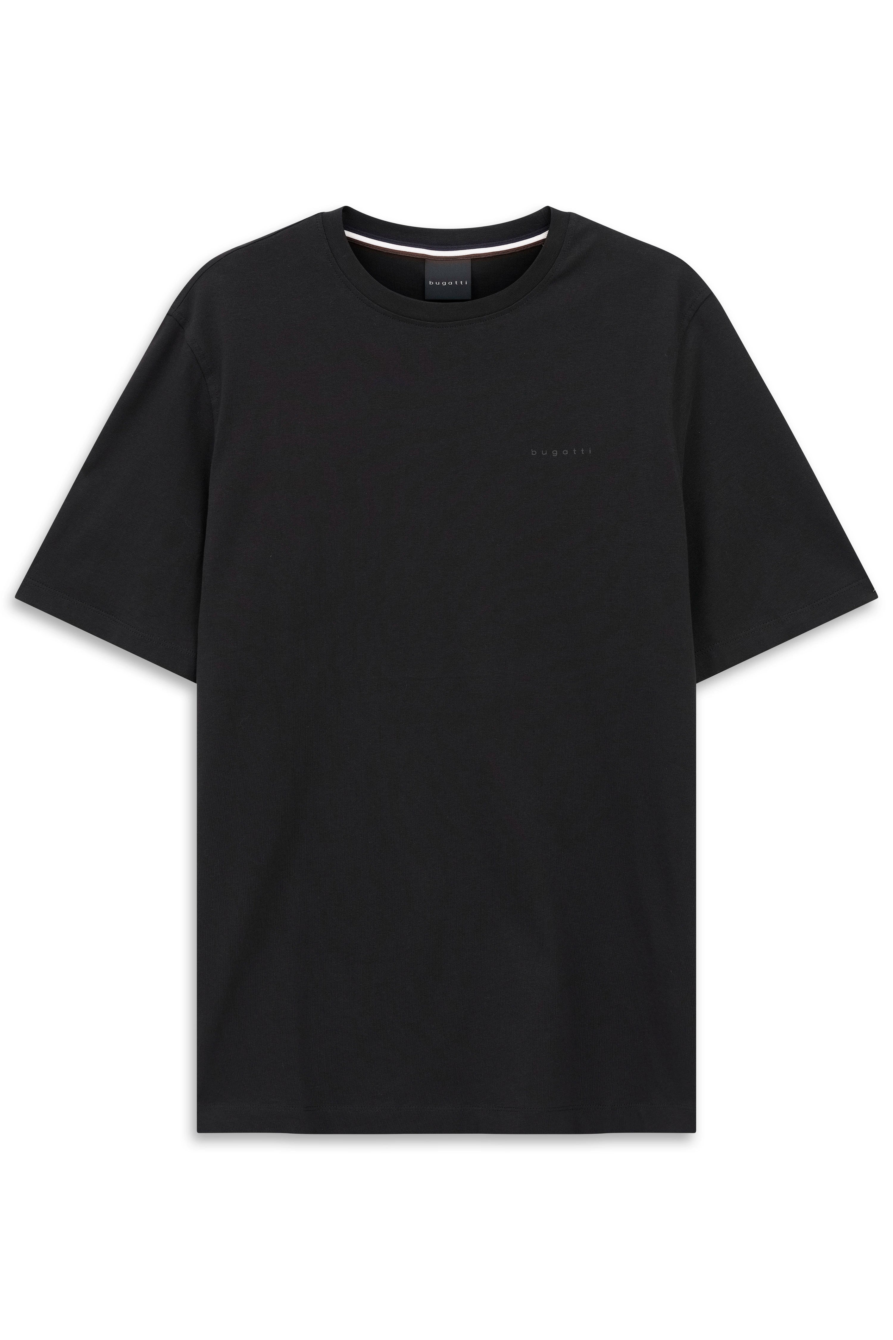 Schwarzes bugatti T-Shirt, minimalistisches Design, Büstenbild.