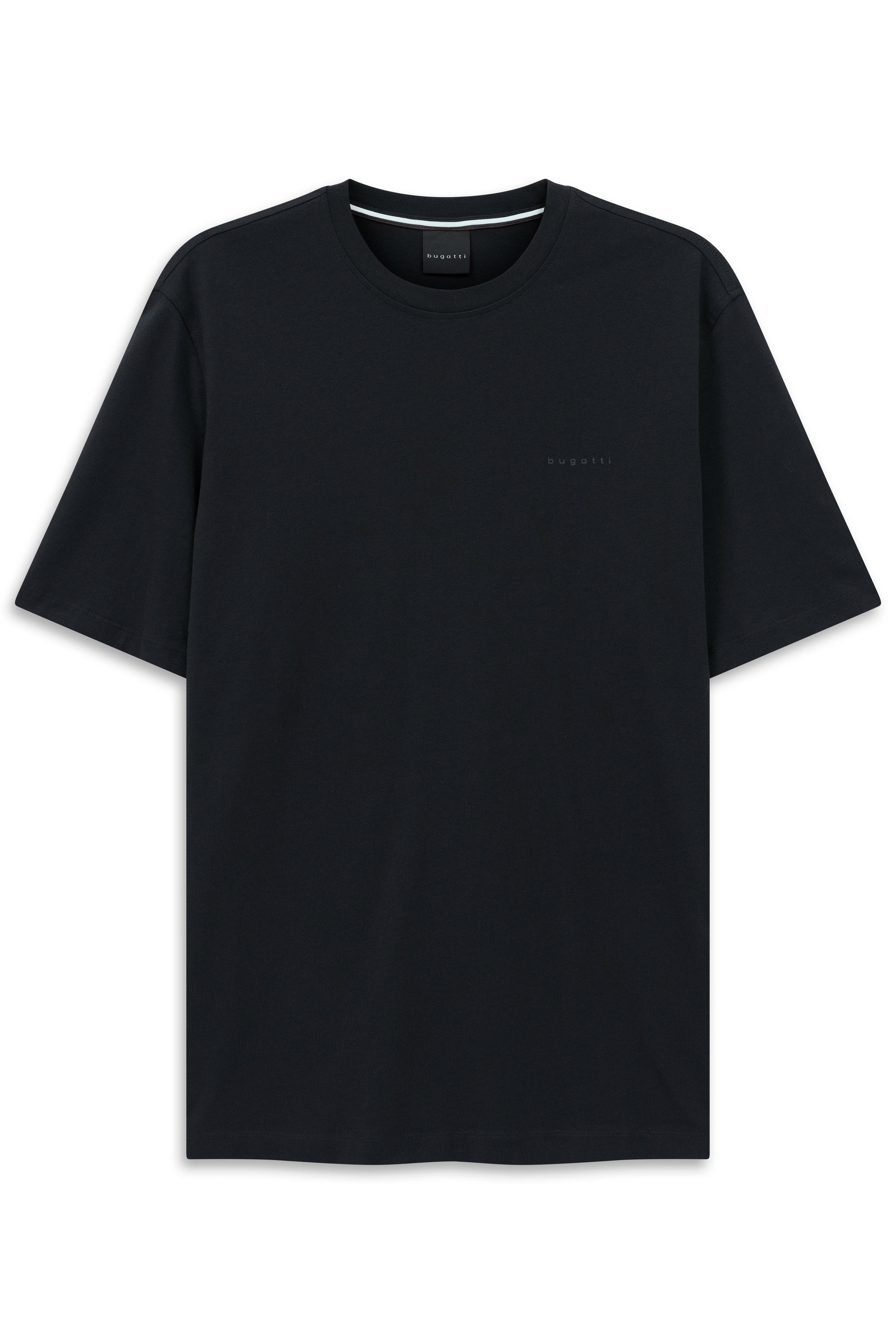 Schwarzes bugatti T-Shirt, Büstenbild, schlichtes Design, hochwertig und stilvoll.
