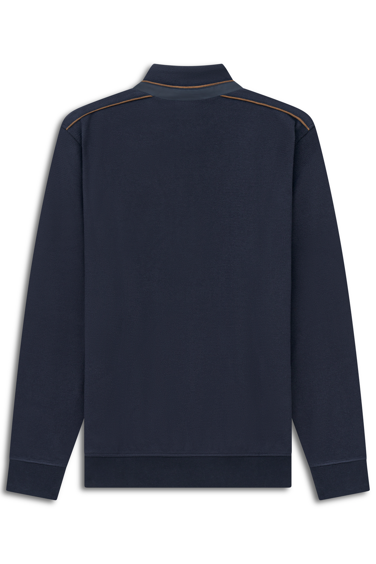 Dunkelblauer bugatti Pullover, Rückansicht, mit braunen Akzenten, legeres Büstenbild.