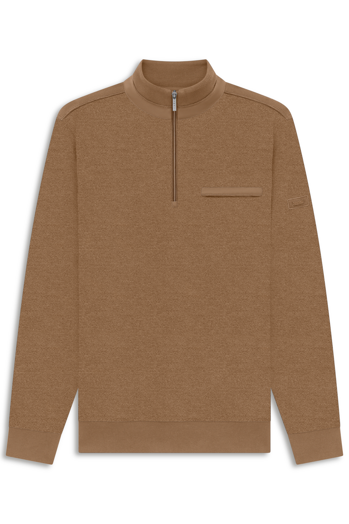 Brauner bugatti Pullover mit halbem Reißverschluss, Büstenbild.