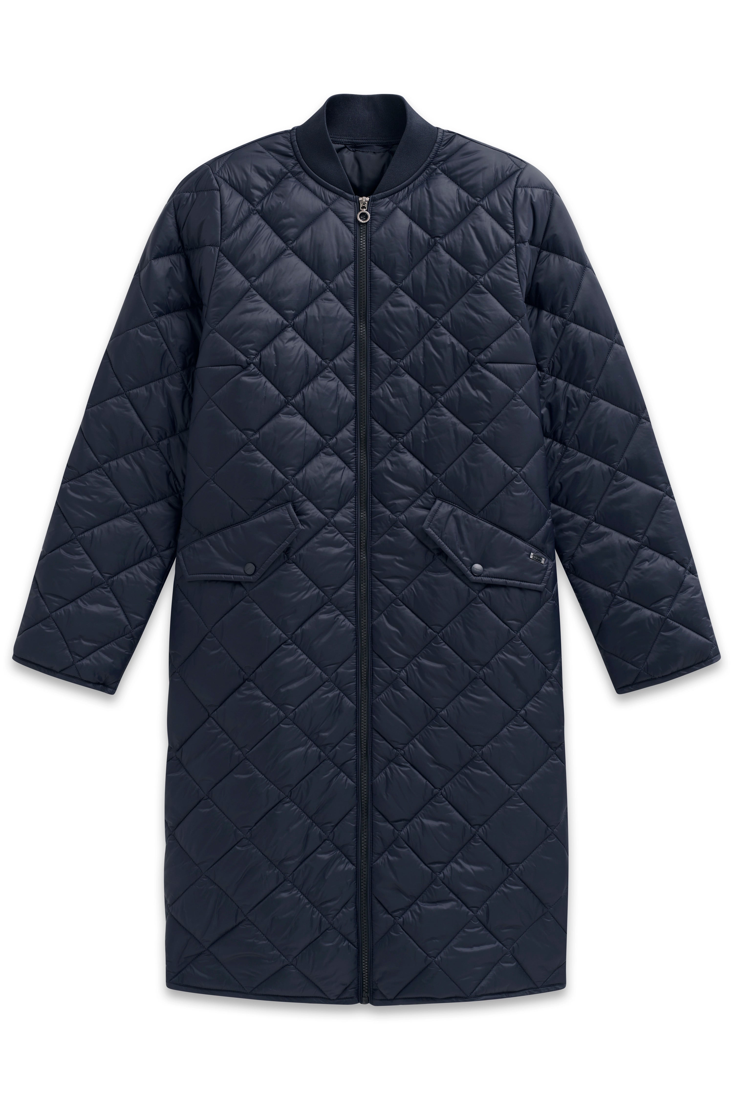 Dark blue quilted bugatti coat, casual bust view, featuring zipper and pockets.