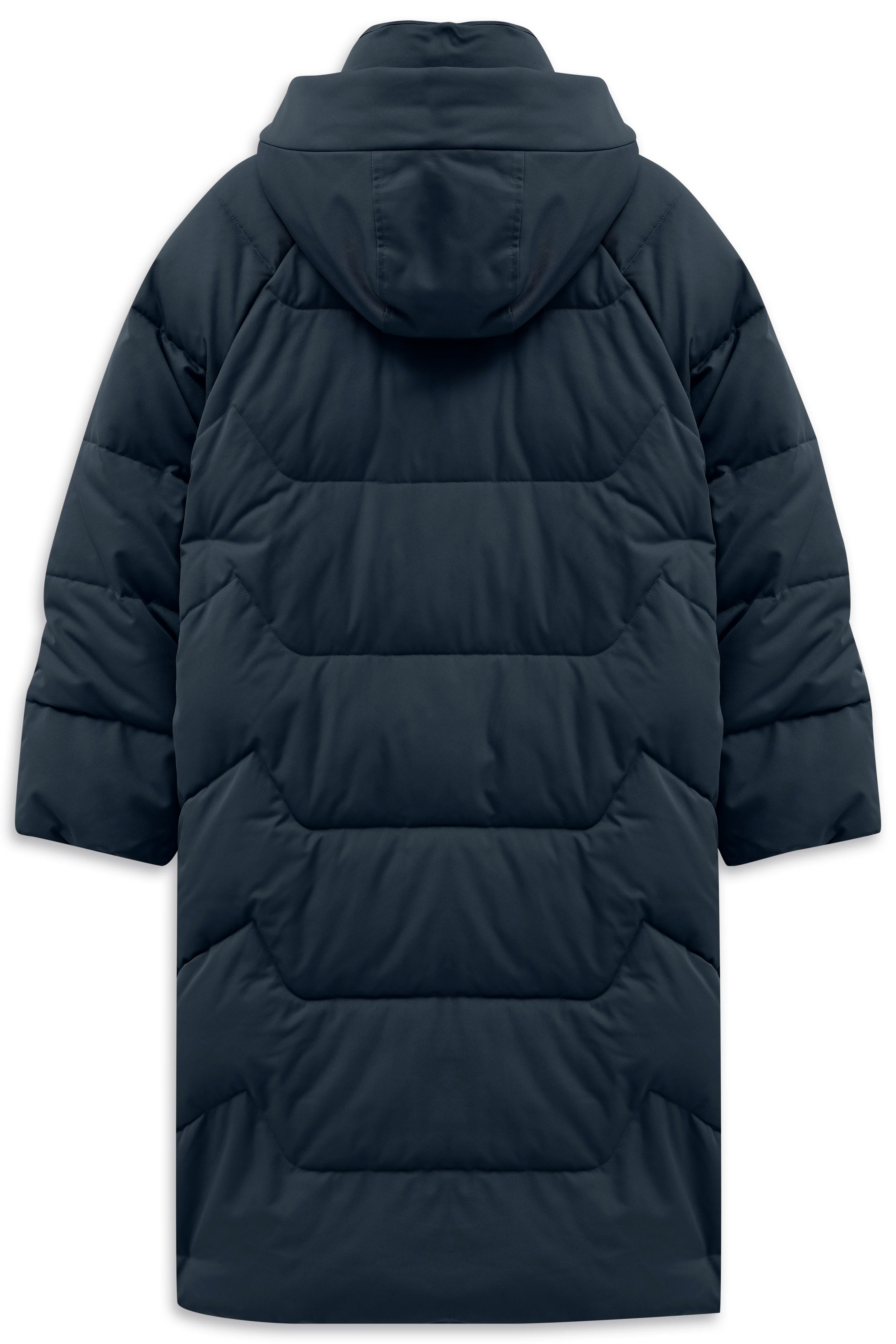 Lange, donkerblauwe bugatti gewatteerde mantel met capuchon, rugaanzicht, casual buste.