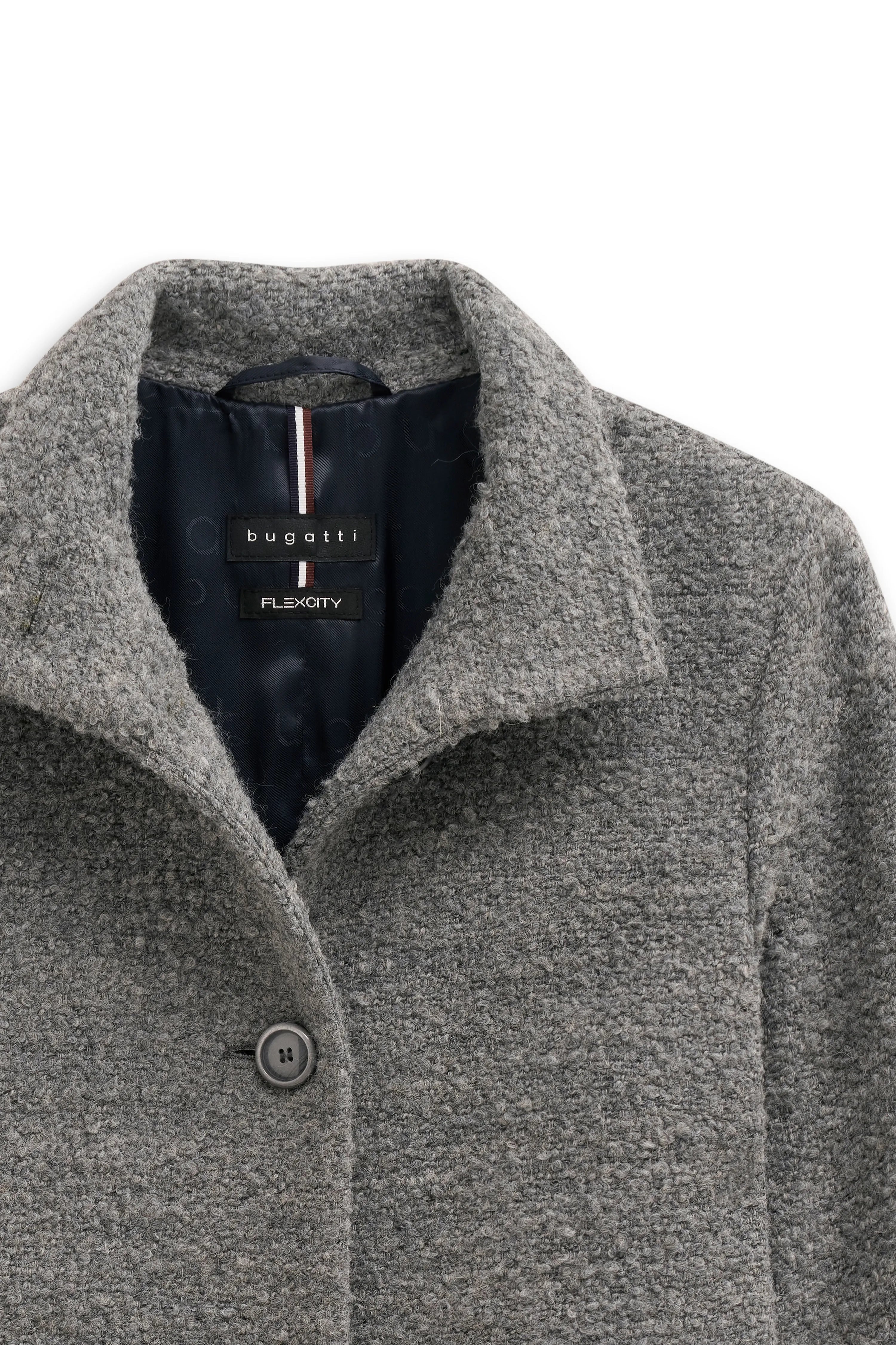 Grauer bugatti Mantel, Büstenbild, stilvoll und elegant, aus hochwertigem Material mit feiner Struktur.