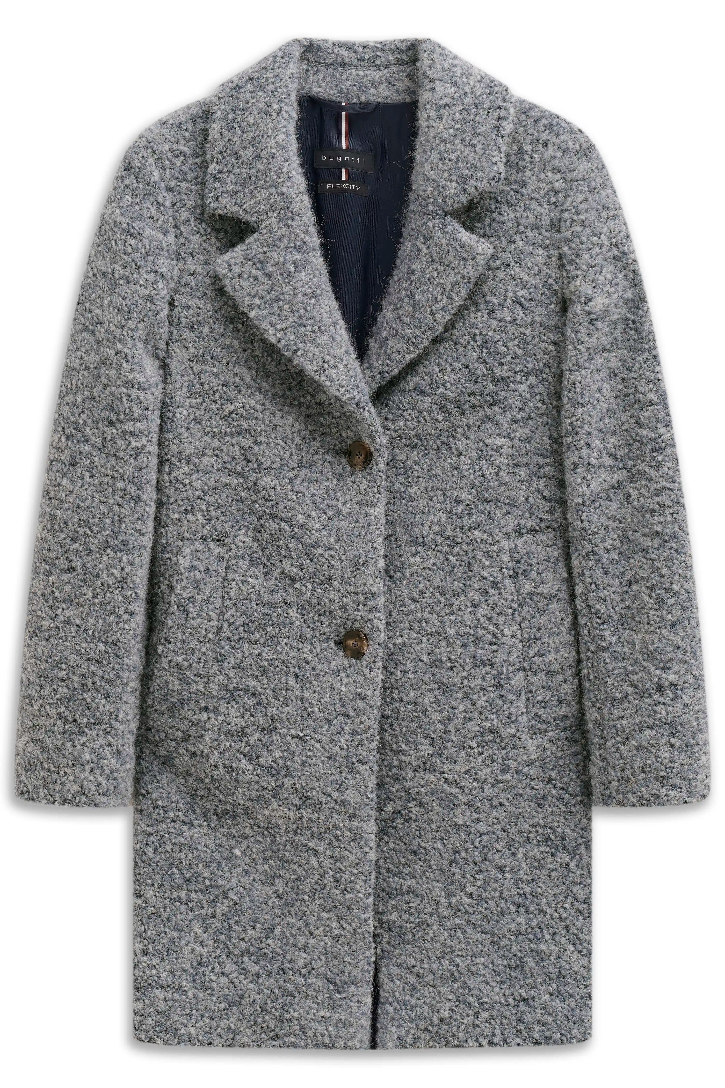 Grauer bugatti Mantel, Bouclé-Stoff, Büstenbild, klassisch-elegant mit Knöpfen.