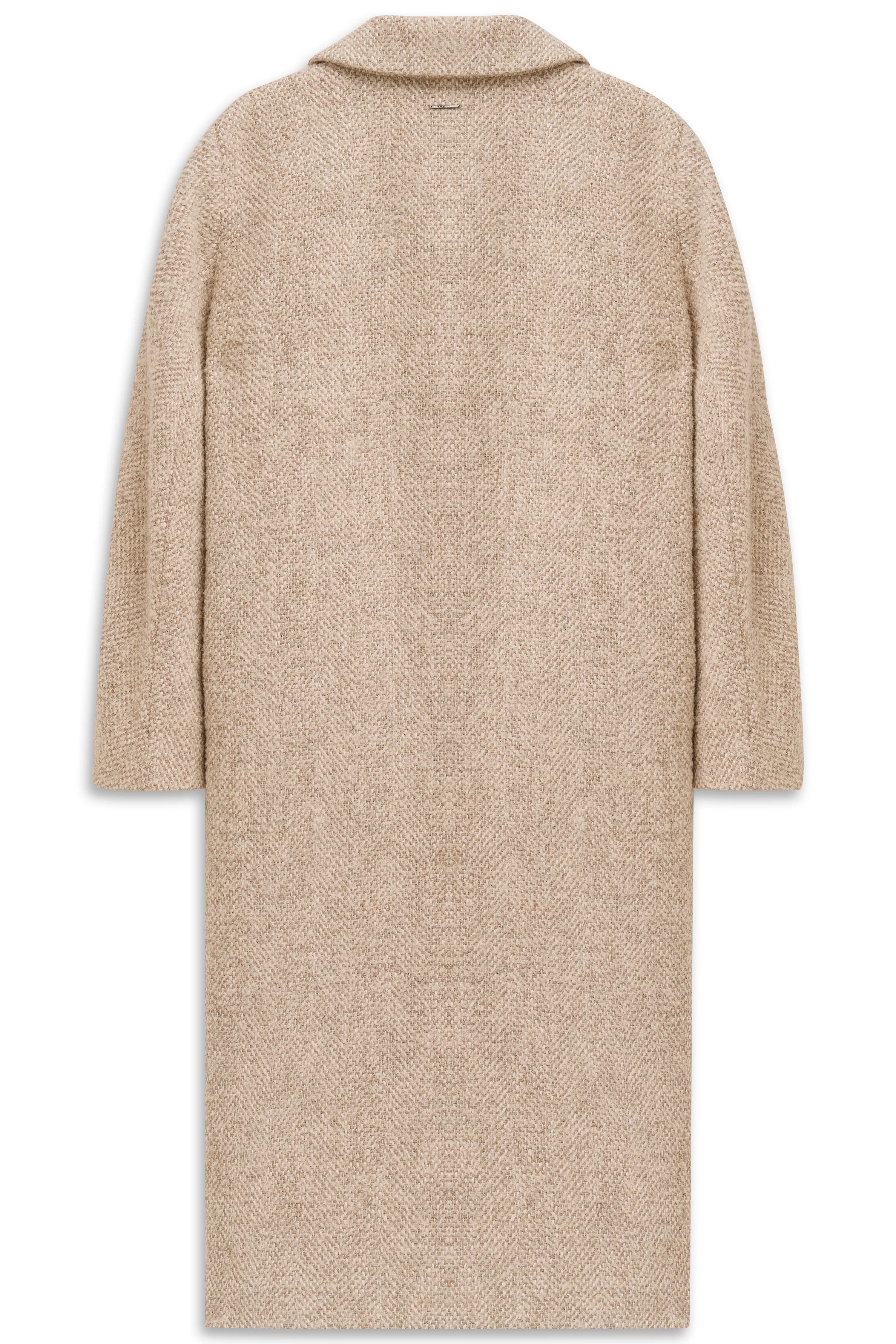 Beiger bugatti Mantel, Büstenbild, strukturierter Stoff, klassischer Schnitt mit Knöpfen.