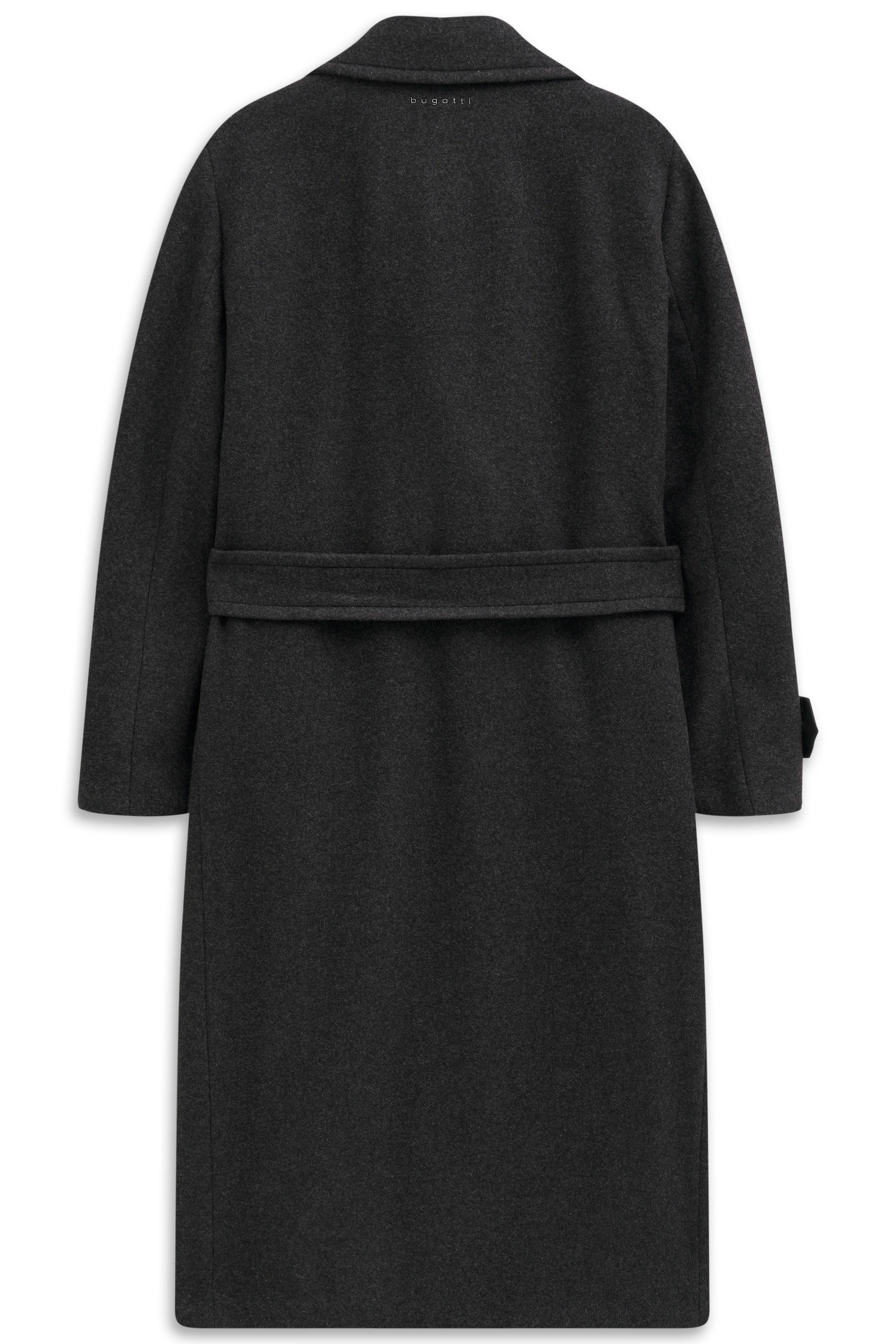 Dunkelgrauer bugatti Mantel mit Gürtel, Büstenbild, klassisches Design.