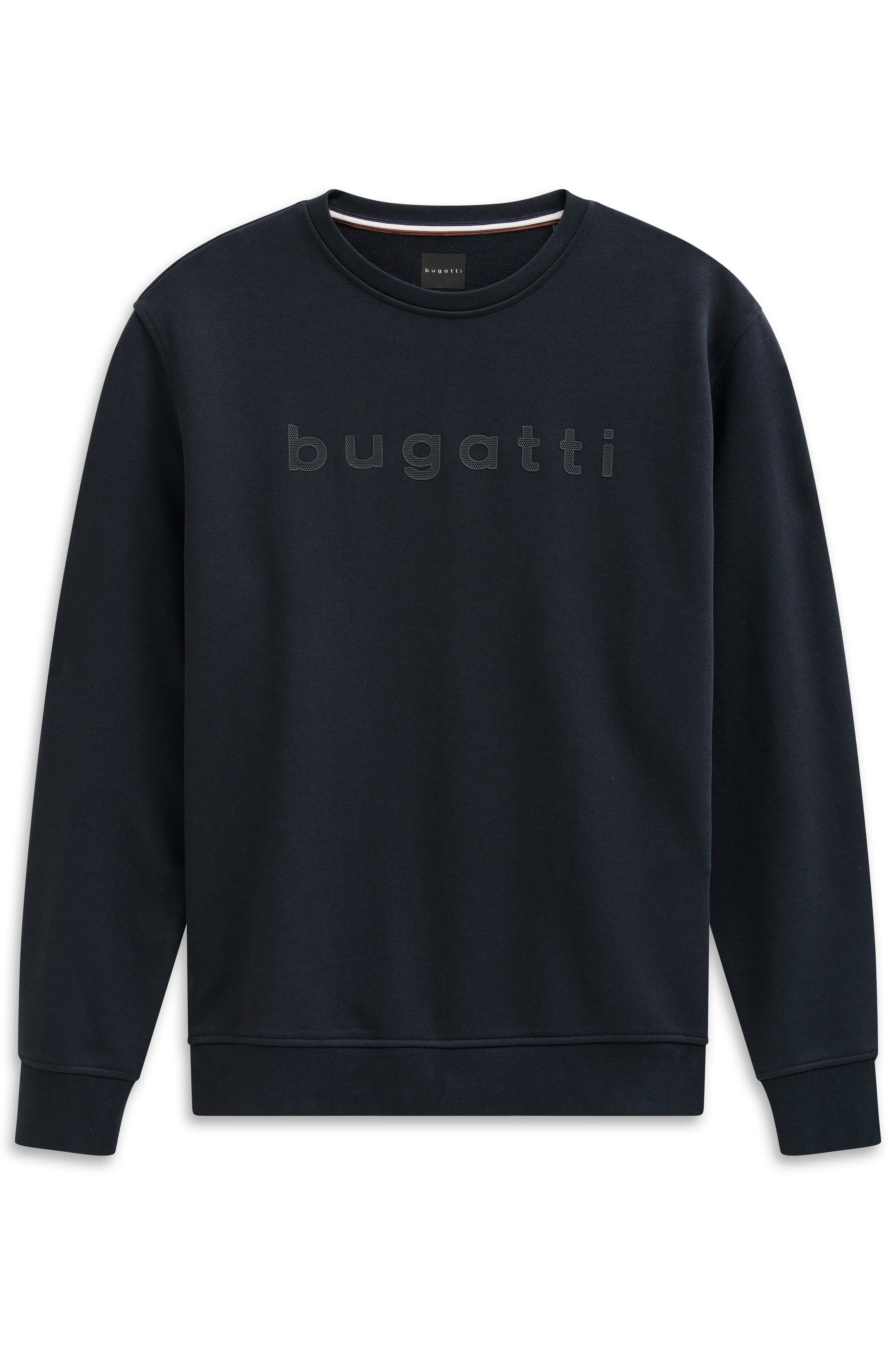 Dunkelblauer bugatti Pullover mit Logo, legeres Büstenbild.