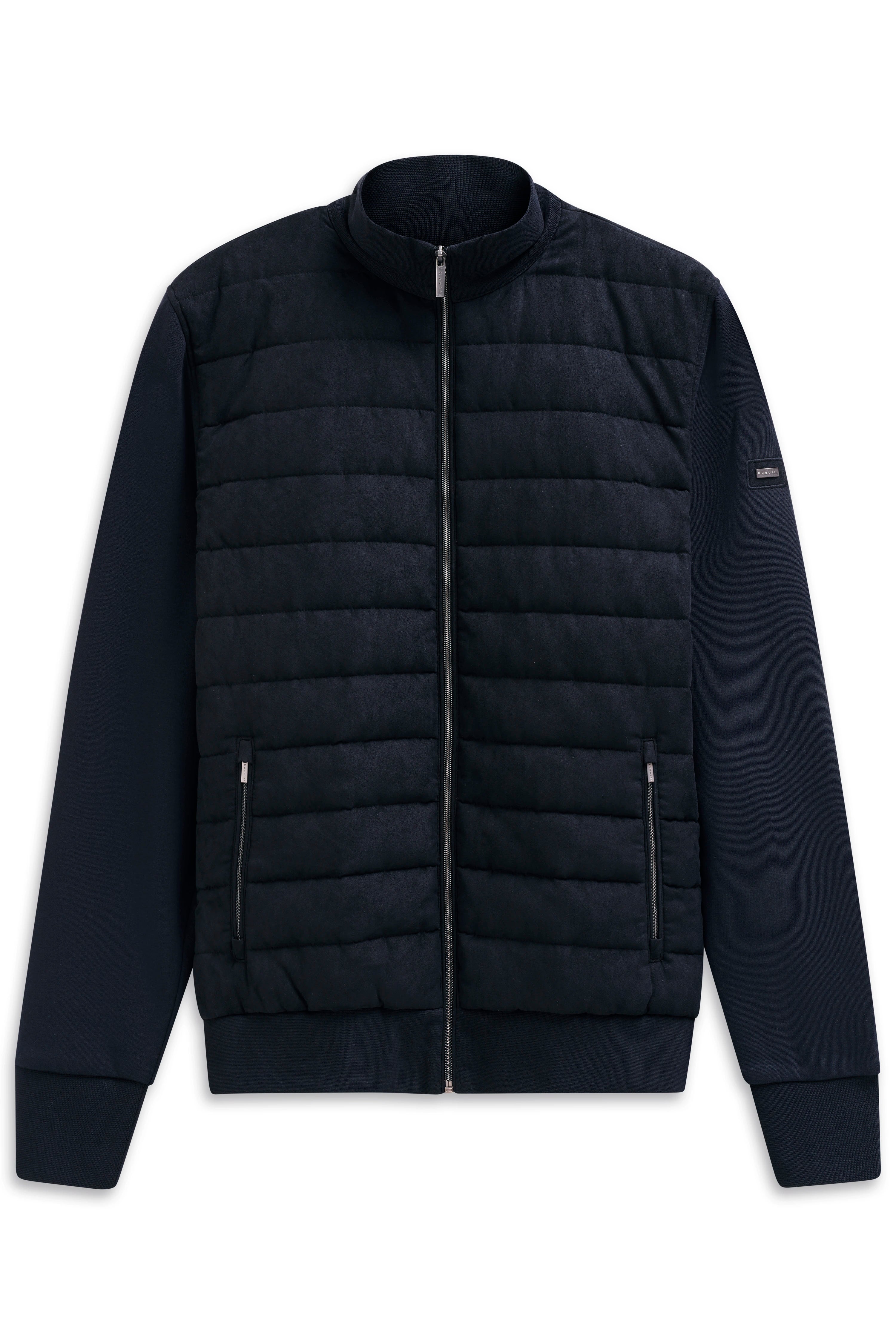 Dark blue bugatti quilted jacket, bust view, with zipper and ribbed stand-up collar.