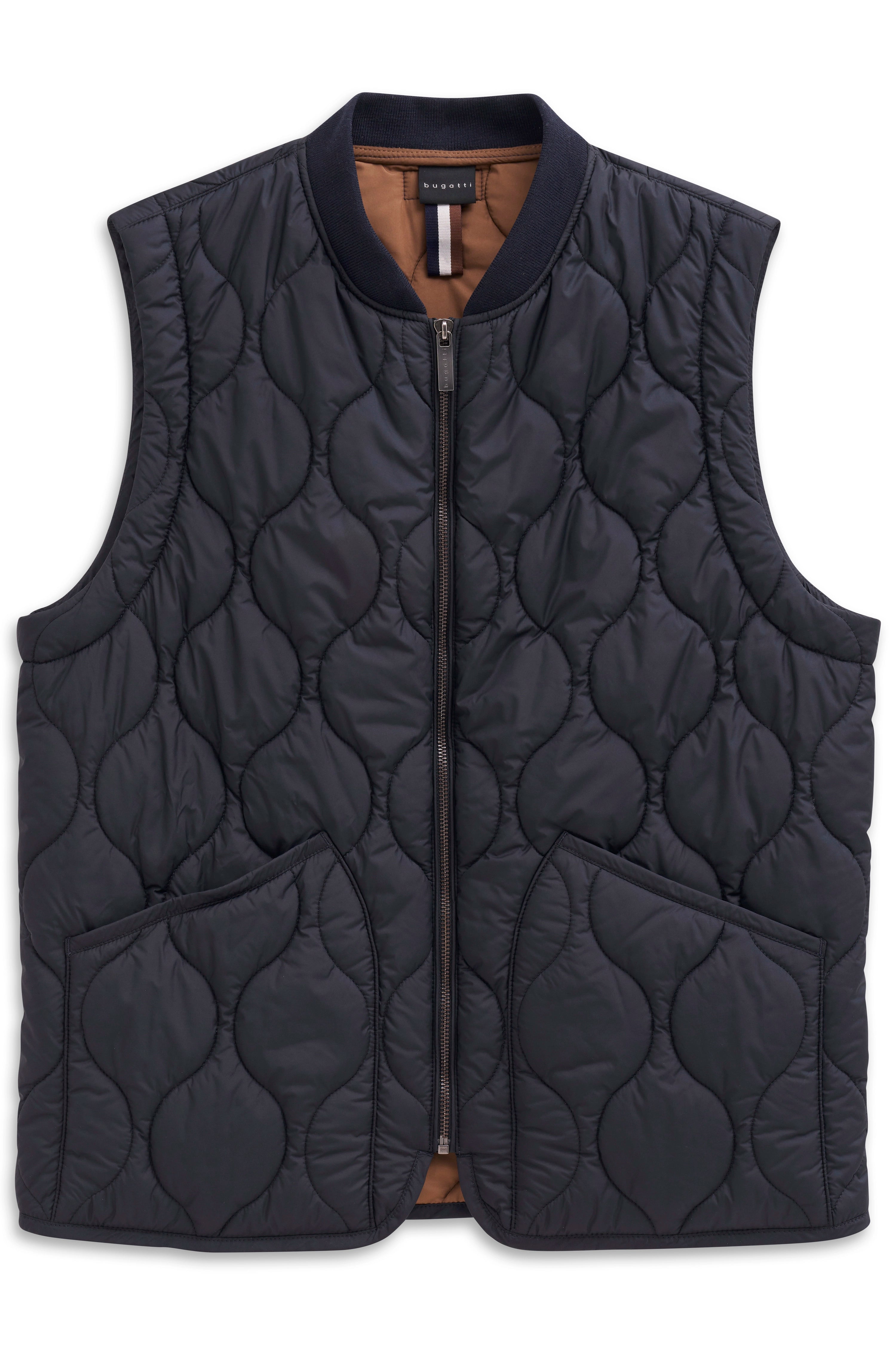 Quilted vest in dark blue with wavy pattern, bust shot, bugatti style and quality.