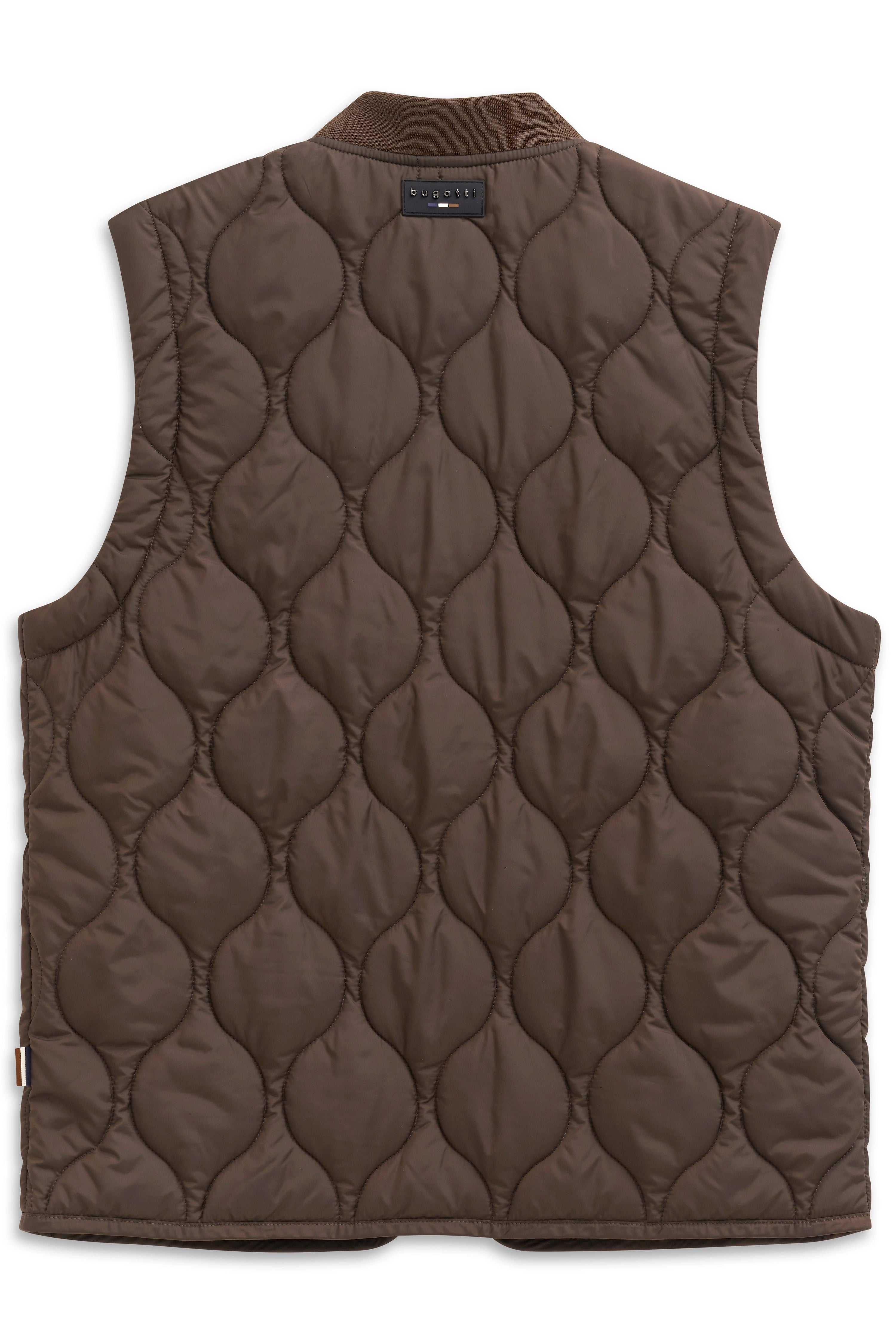 Brown quilted vest with stand-up collar, zipper, bugatti style. Bust image.
